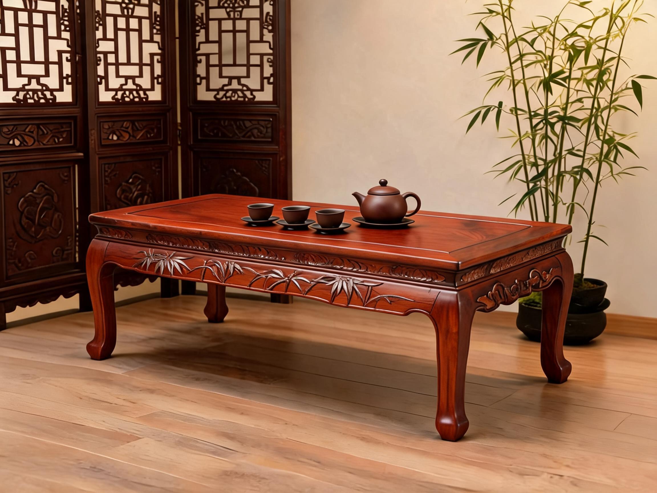 Classical Siamese Rosewood Tea Table with Bamboo Carved Apron rosewood tea table