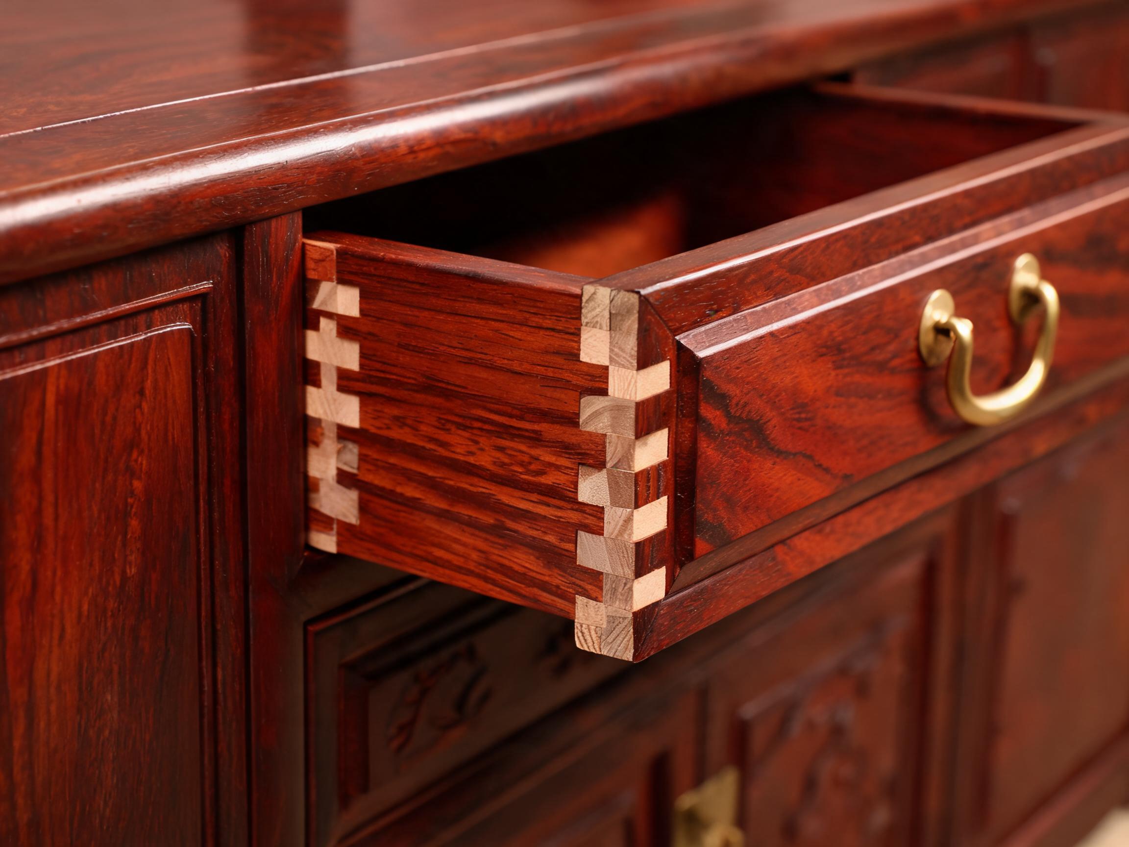 Hand-cut half-blind dovetail drawer joint detail with brass pull on rosewood display cabinet