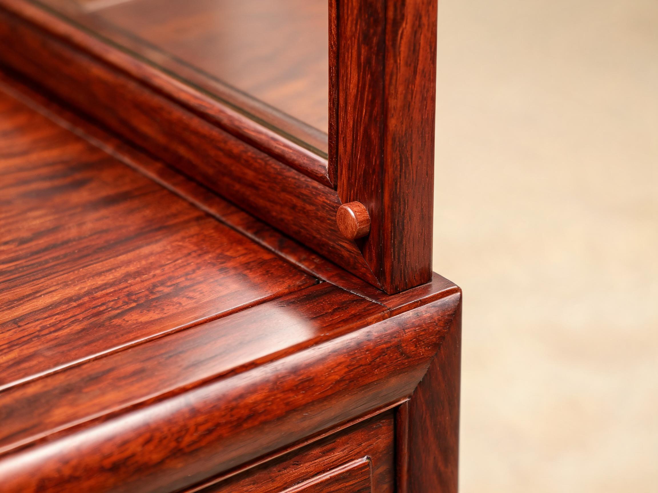Seven-coat hand-rubbed raw lacquer surface on the dresser top and mirror frame with a visible mortise-and-tenon dowel joint