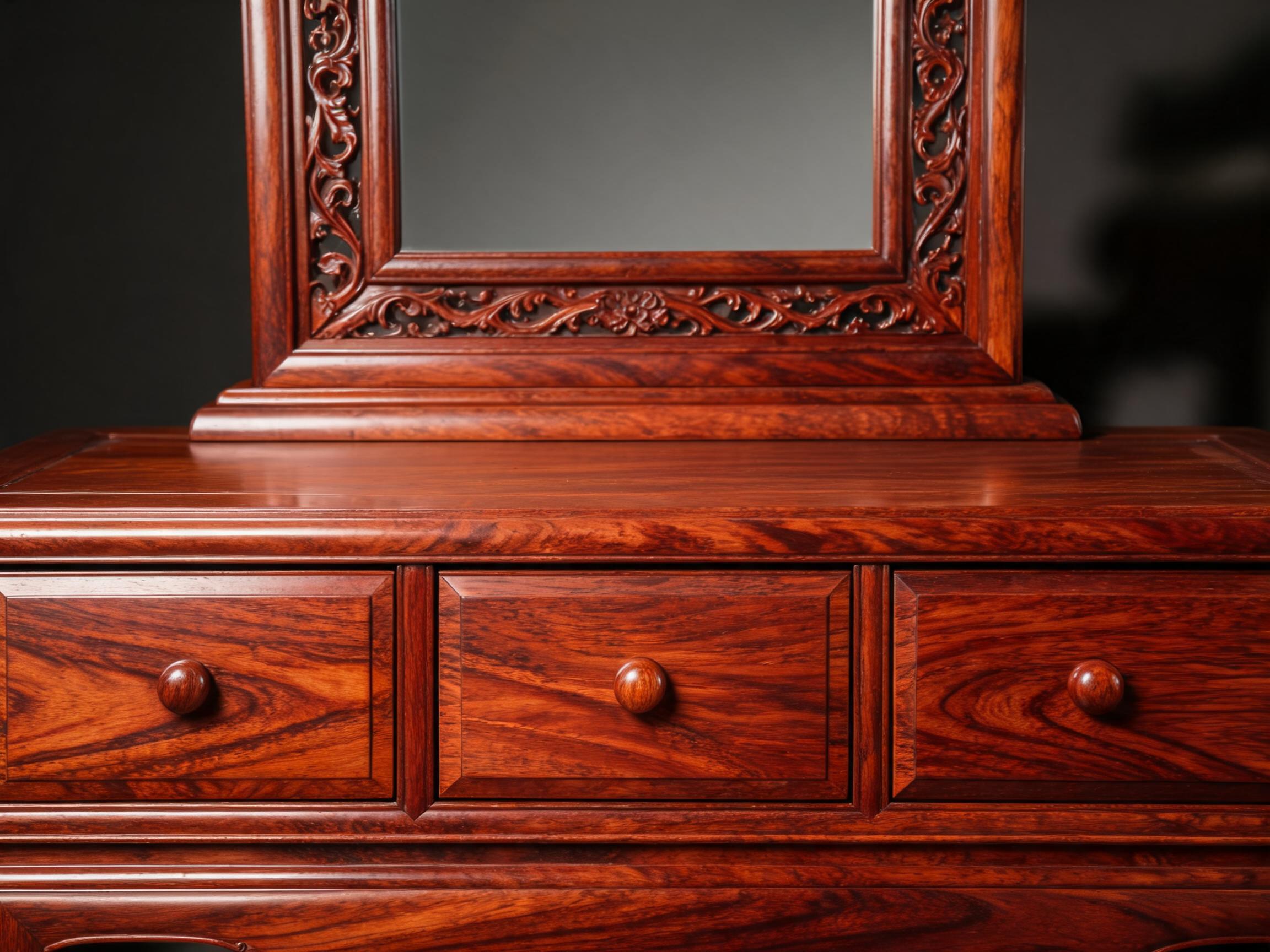 Dresser top with carved mirror frame and three drawer fronts with wooden knobs under a satin raw lacquer finish