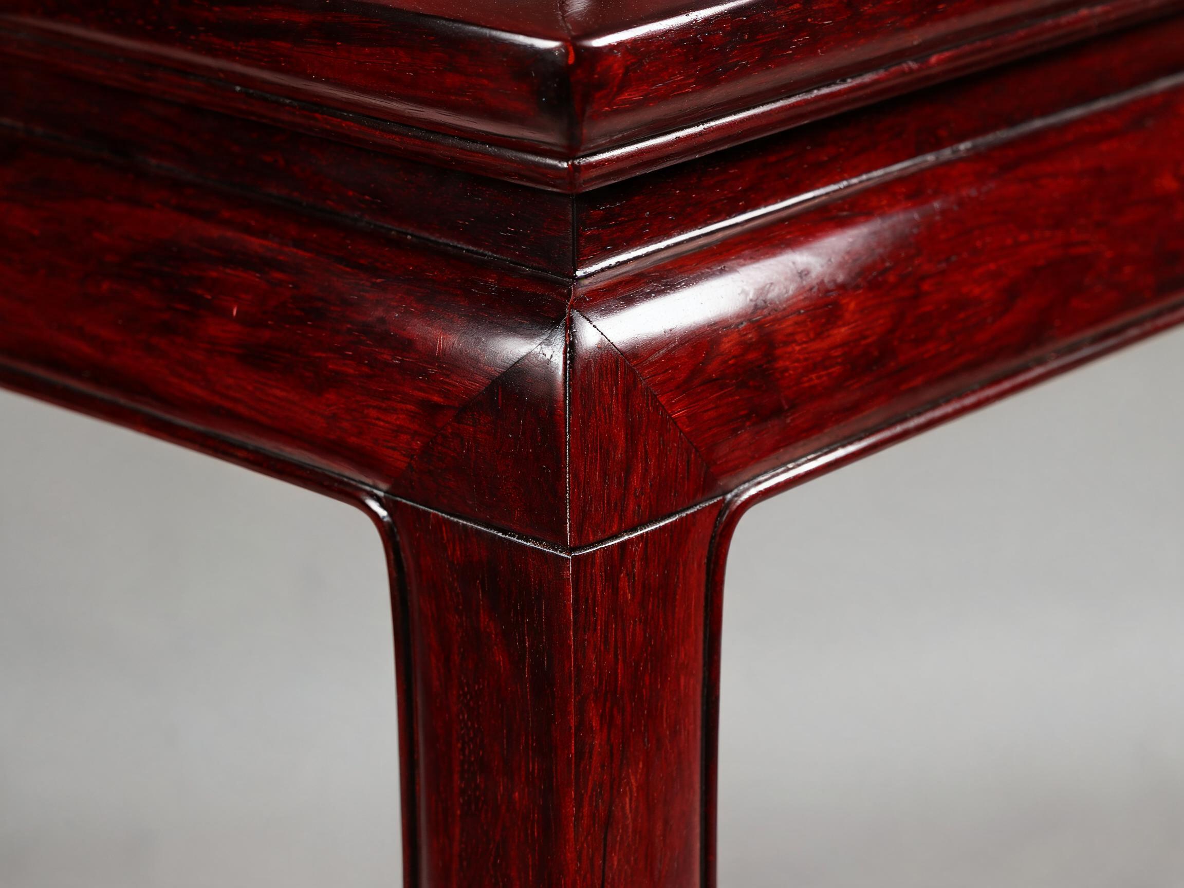 Mirror-gloss lacquered rosewood stool leg and apron corner with crisp mortise-and-tenon joint line
