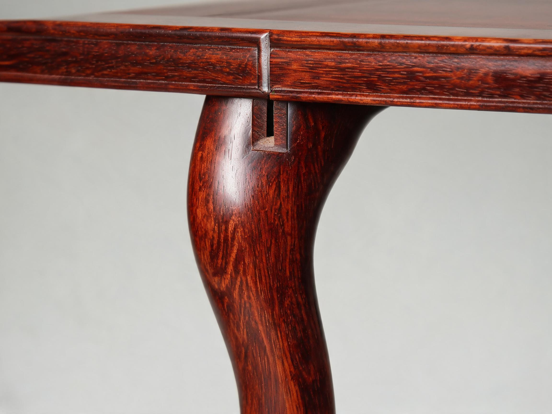 Mortise-and-tenon junction of apron rail and cabriole leg on the rosewood dining table
