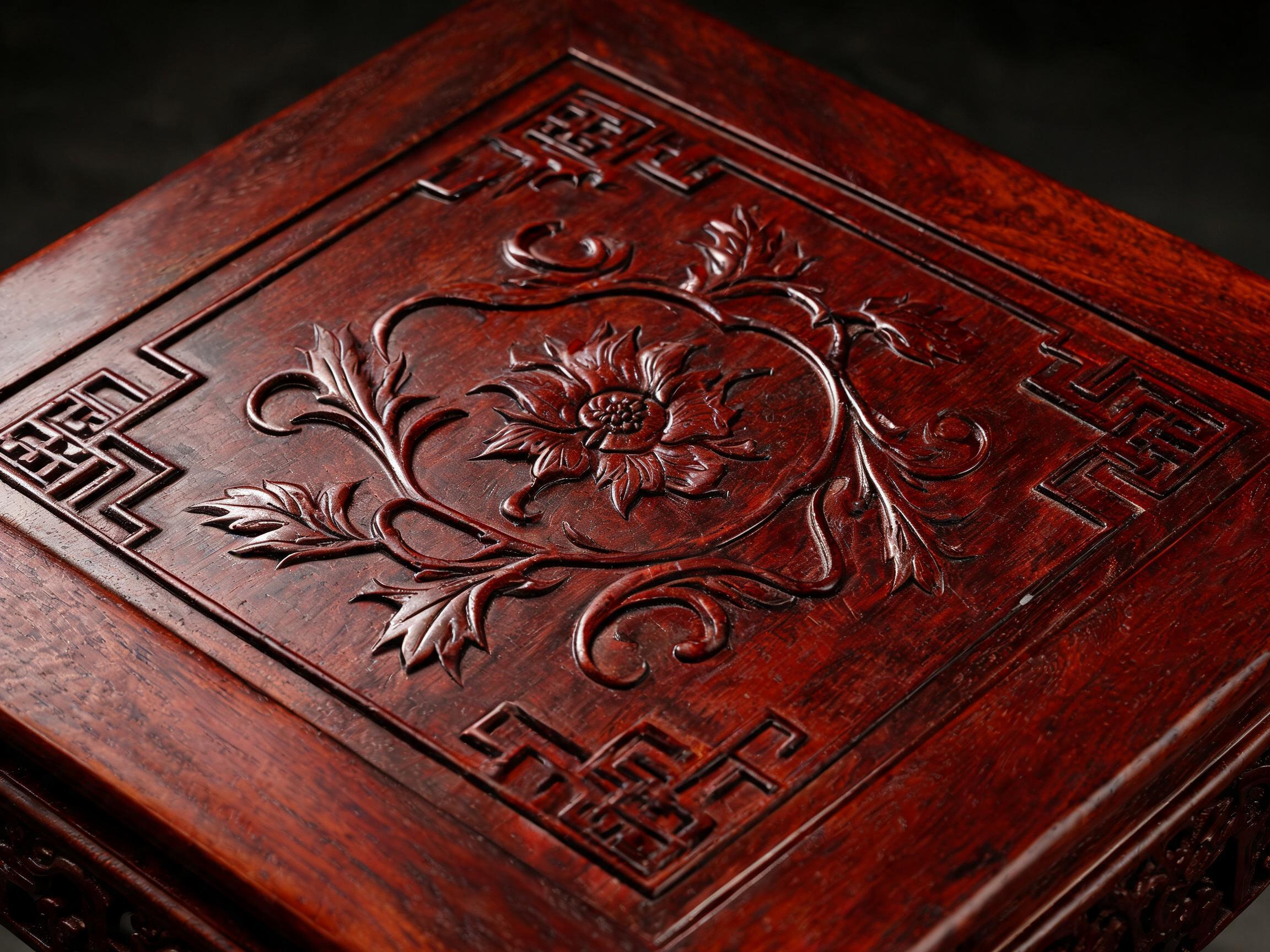 Hand-carved floral and geometric apron motif in shallow relief on the Siamese rosewood tea table