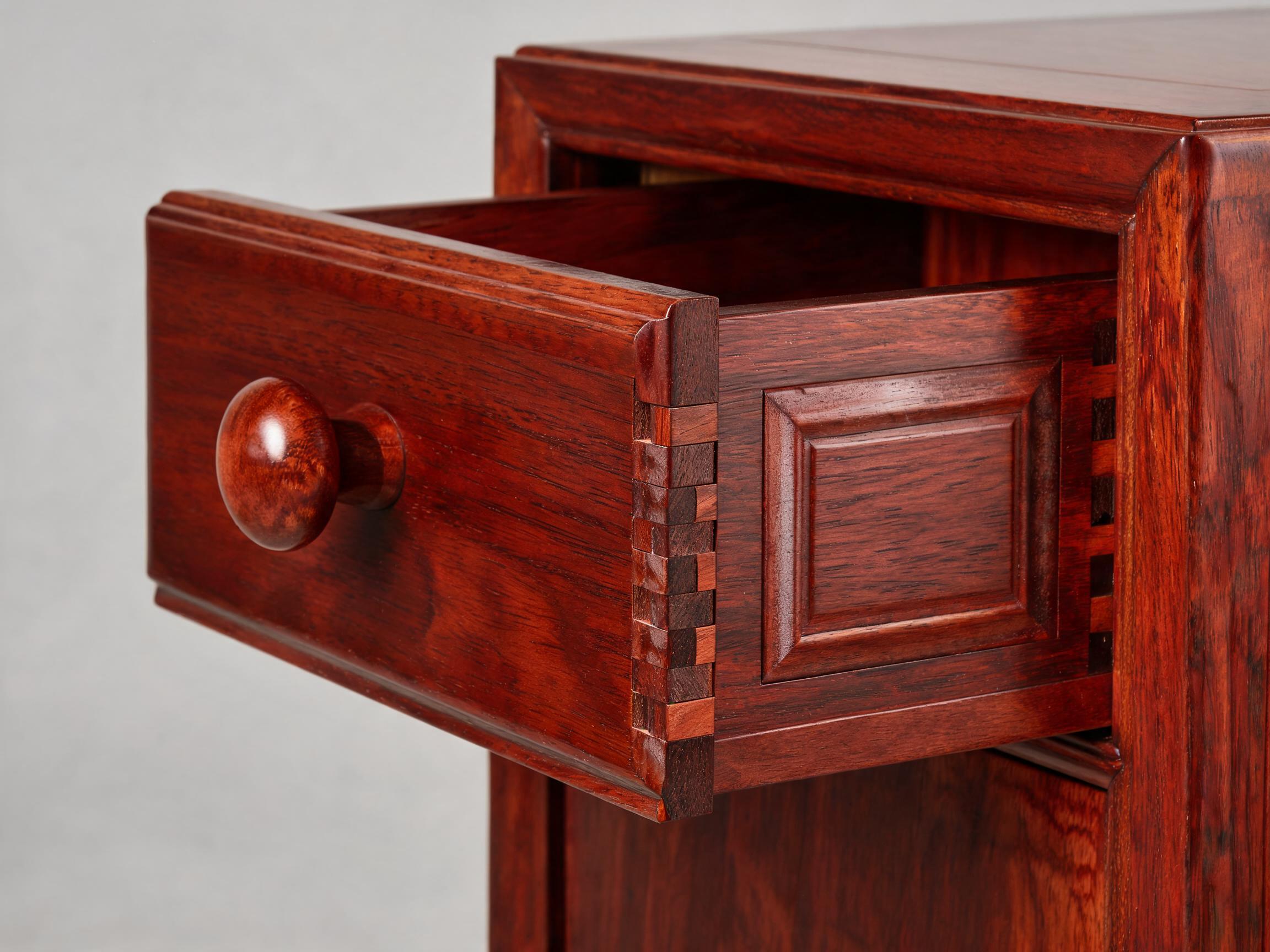 Nightstand drawer with hand-cut dovetail joints and floating-panel side