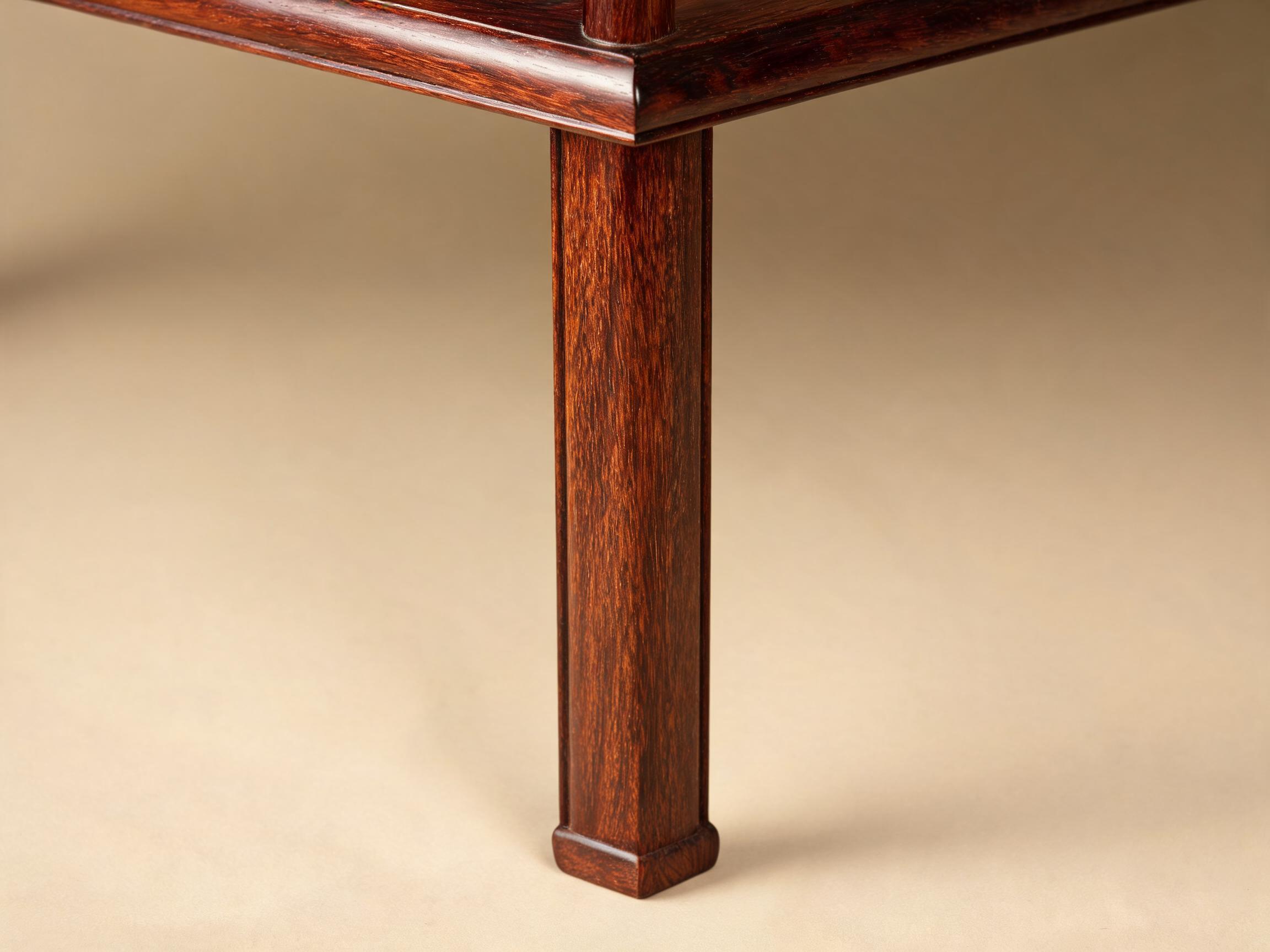 Hand-rubbed six-coat raw lacquer satin sheen on the Siamese rosewood chair leg and seat rail junction