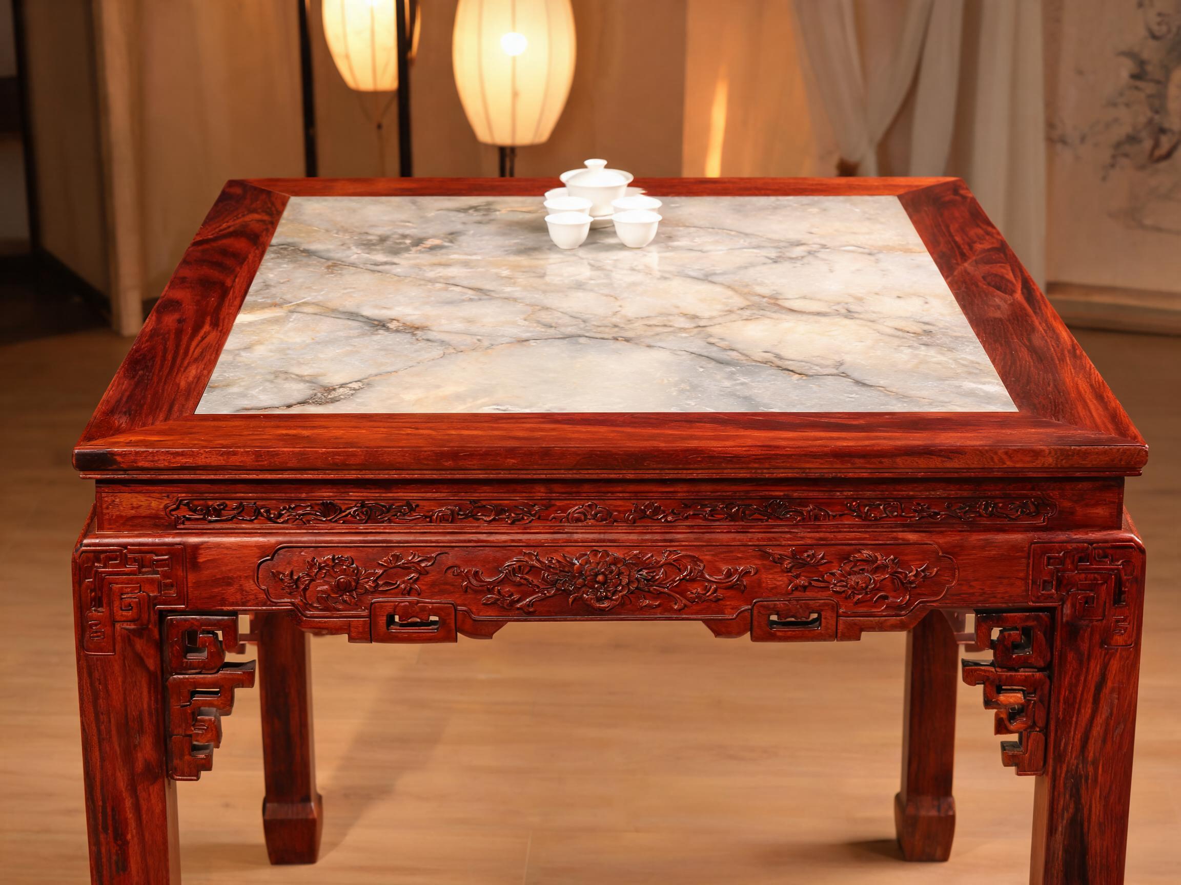 Classical Siamese Rosewood Square Tea Table with Inlaid Stone Top rosewood square tea table