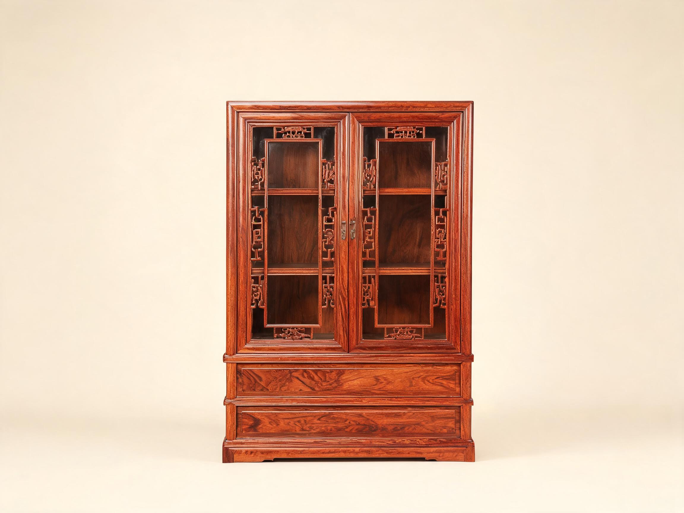 Classical Siamese rosewood display cabinet with carved lattice doors