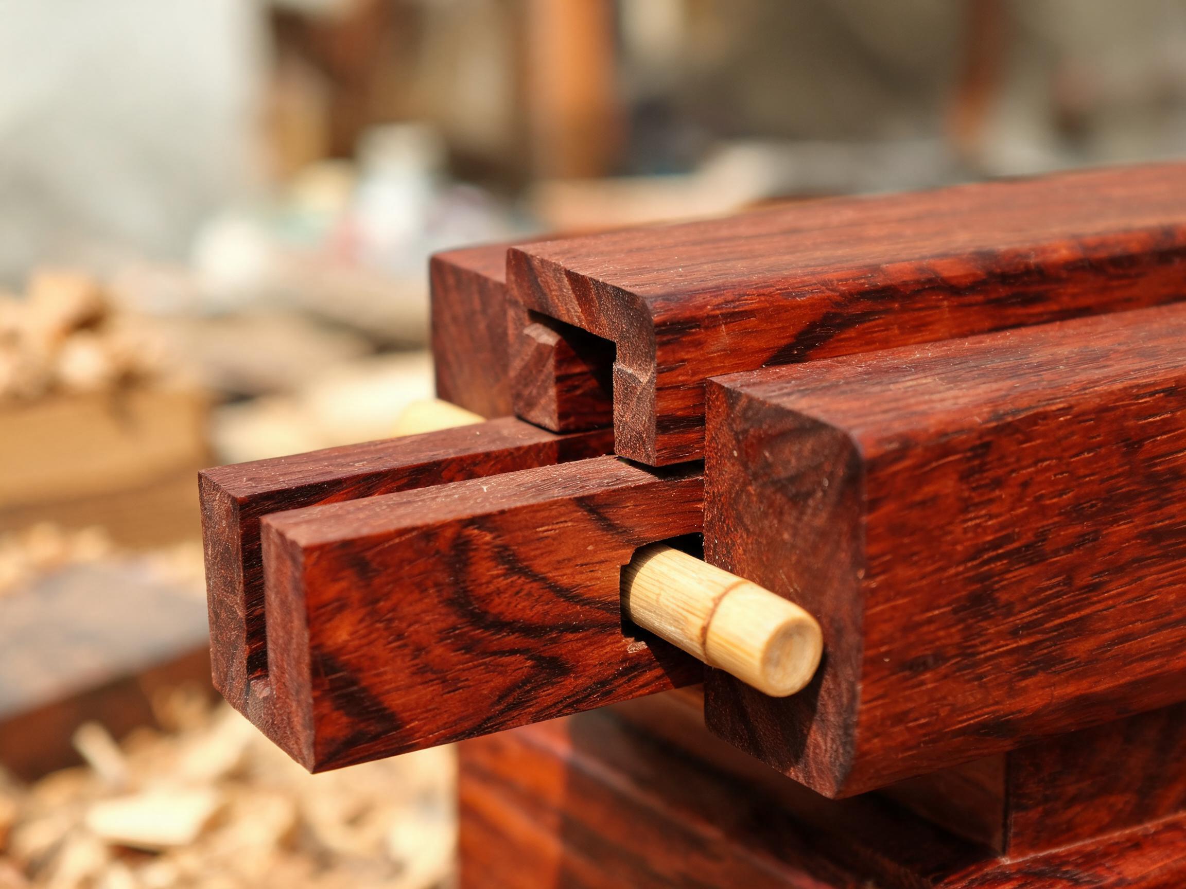 Exposed mortise-and-tenon joint reinforced with bamboo dowel pins on the solid rosewood tea table frame, no metal fasteners