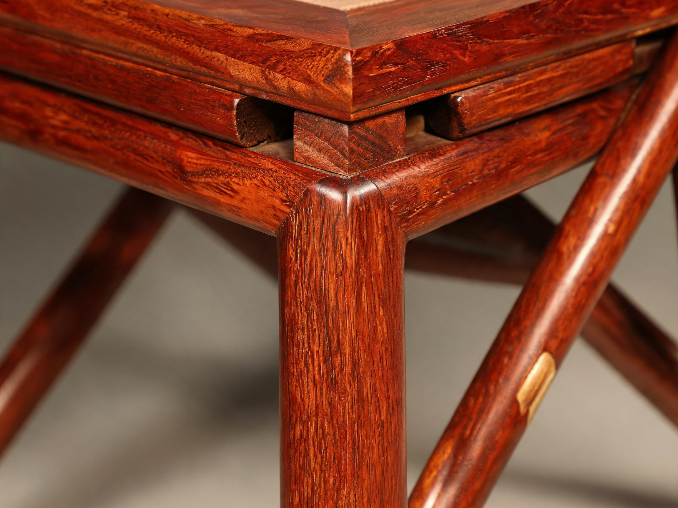 Splayed outer leg and central straight leg with hand-rubbed raw lacquer finish on the folding stool