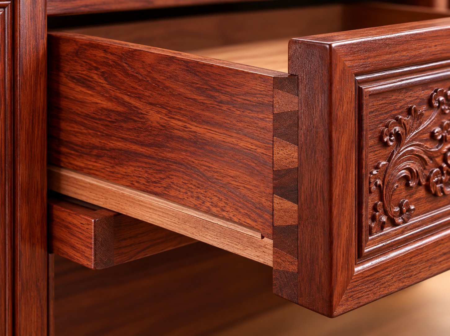 Hand-cut half-blind dovetail joint at a solid rosewood dresser drawer corner with the wooden runner visible beneath the drawer box
