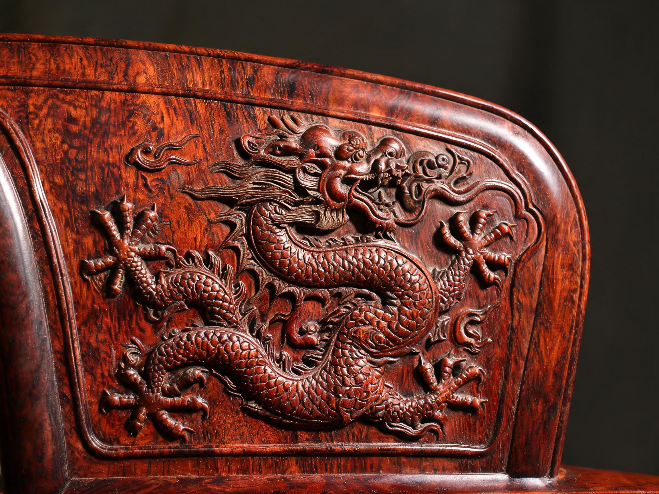 Hand-carved five-claw dragon motif in deep relief on a Siamese rosewood sofa armrest panel