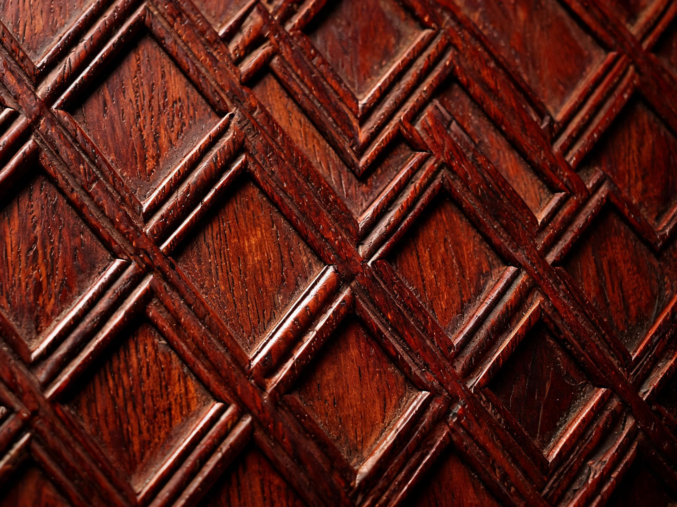 Hand-carved interlocking diamond lattice door panel detail on Siamese rosewood display cabinet