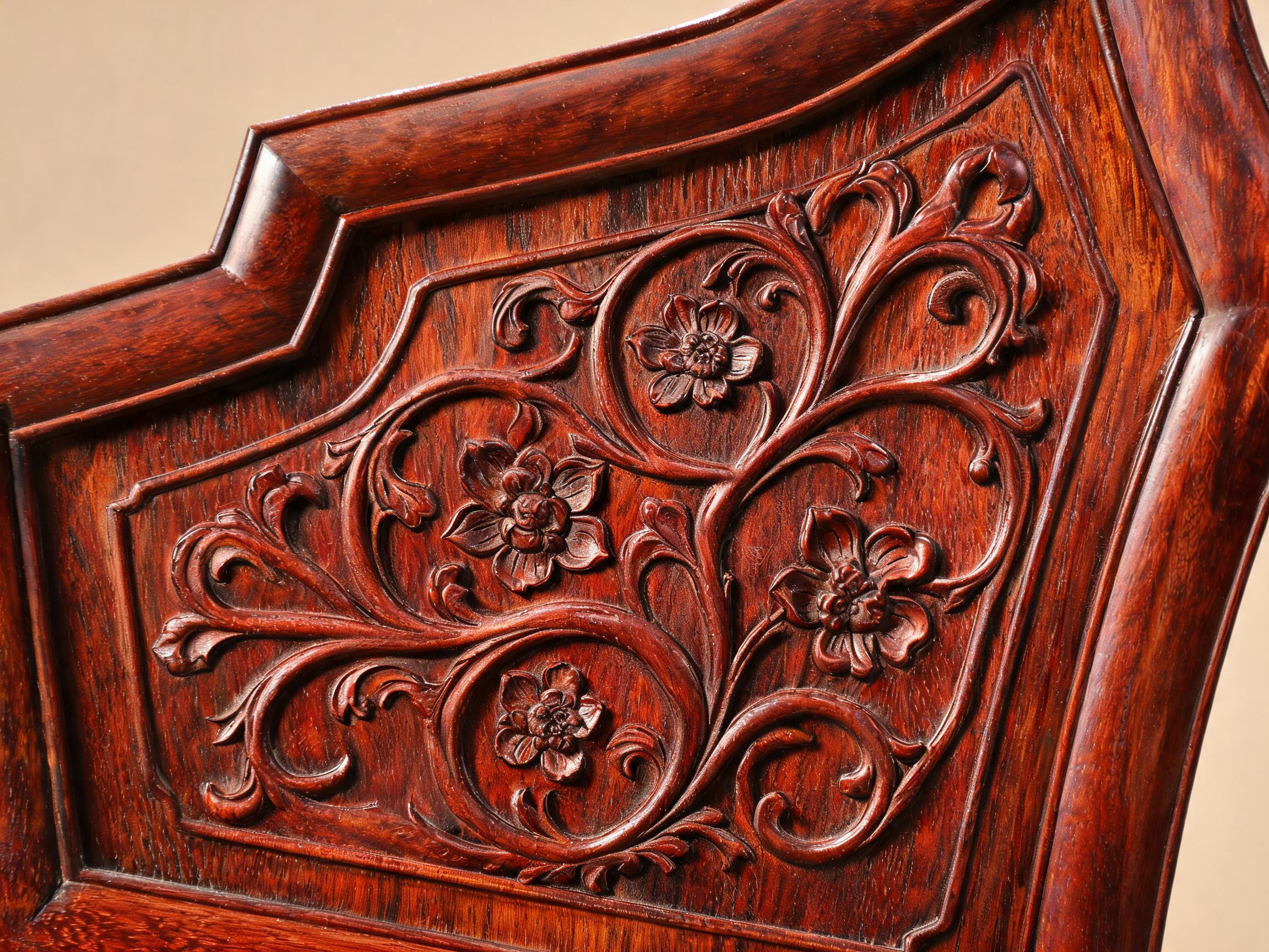 Hand-carved floral relief backrest panel detail on Siamese rosewood lounge chair