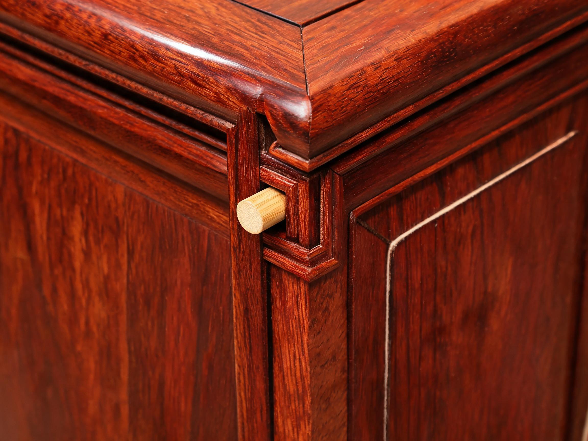Mortise-and-tenon corner joint with bamboo dowel pin and raw lacquer finish on rosewood sideboard frame