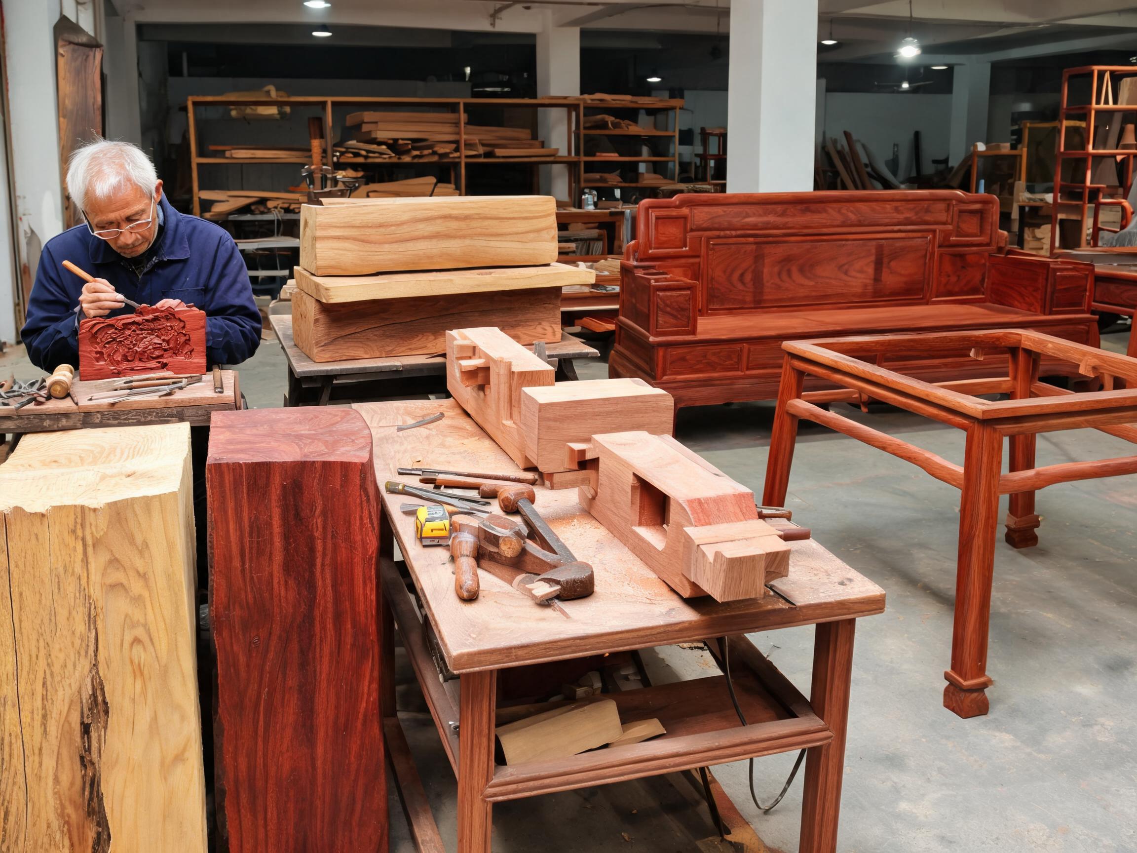 Redwood hand-carving workshop with craftsmen and mortise-tenon workbenches