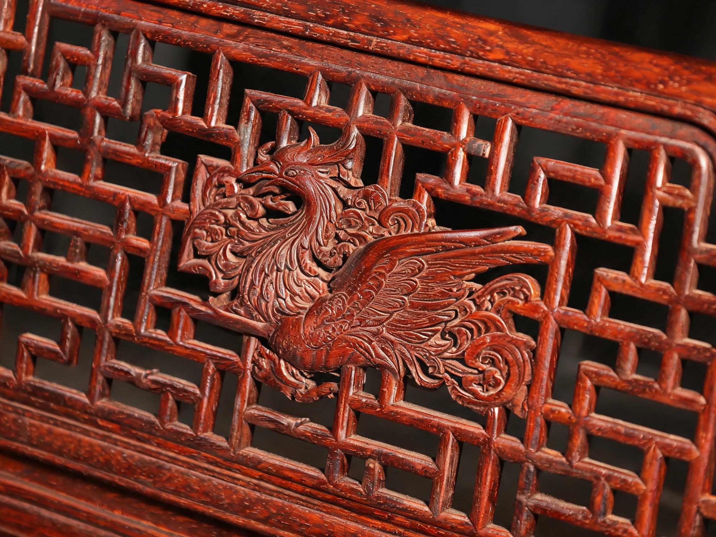 Hand-carved lattice-and-phoenix backrest panel of the Qing style rosewood sofa set, showing 12 mm openwork lattice openings and central phoenix relief
