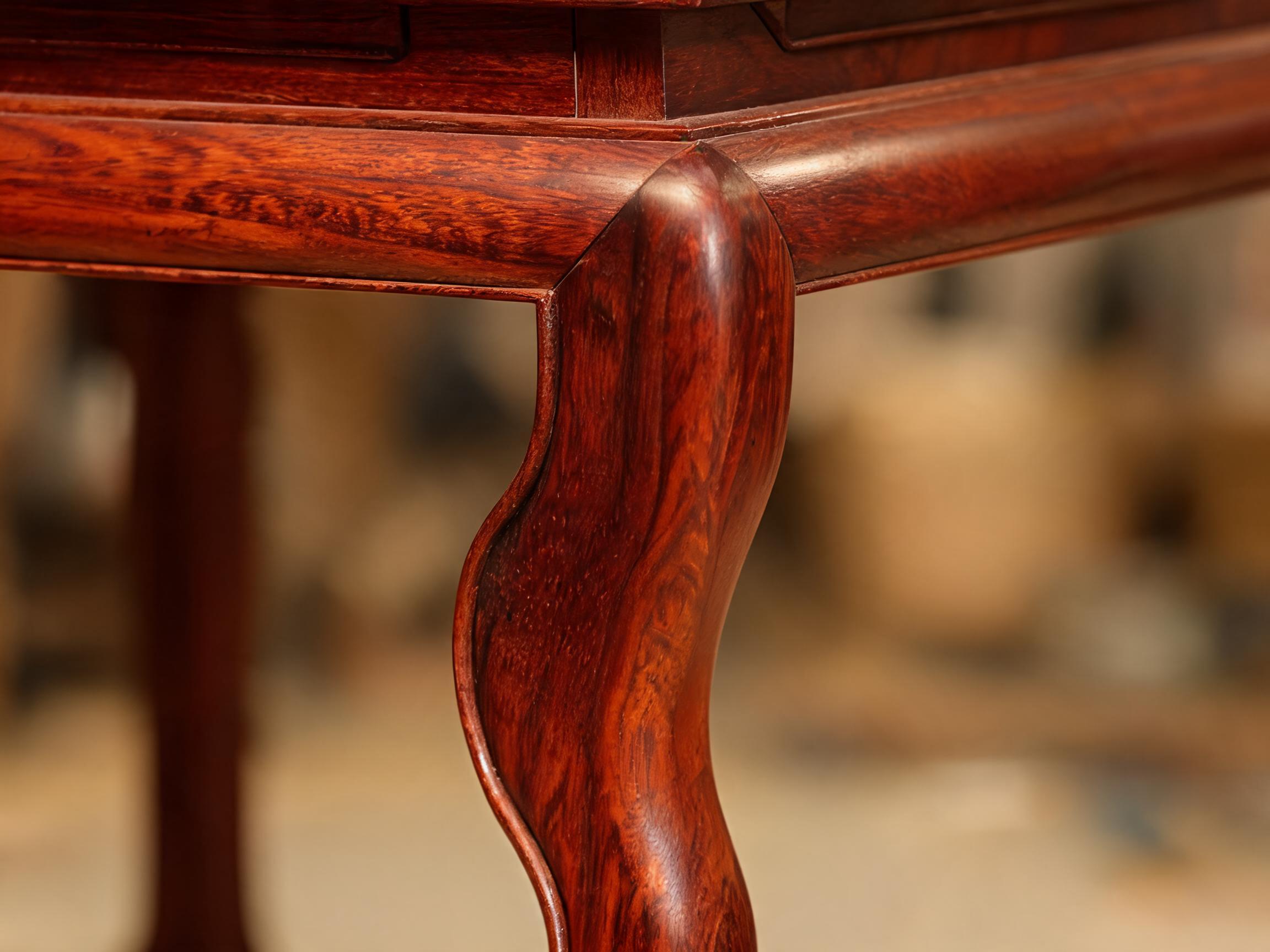 Cabriole leg and mortise-and-tenon joint detail on Siamese rosewood round tea table