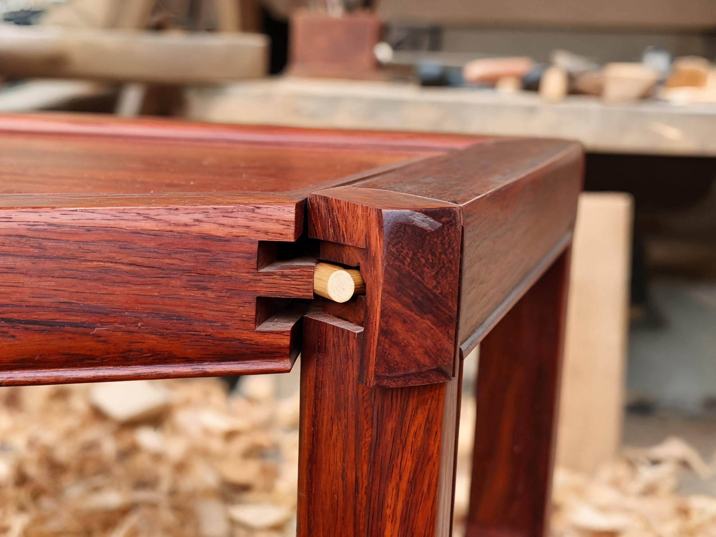 Mortise-and-tenon joint with bamboo dowel pin and solid corner block on a rosewood sofa frame