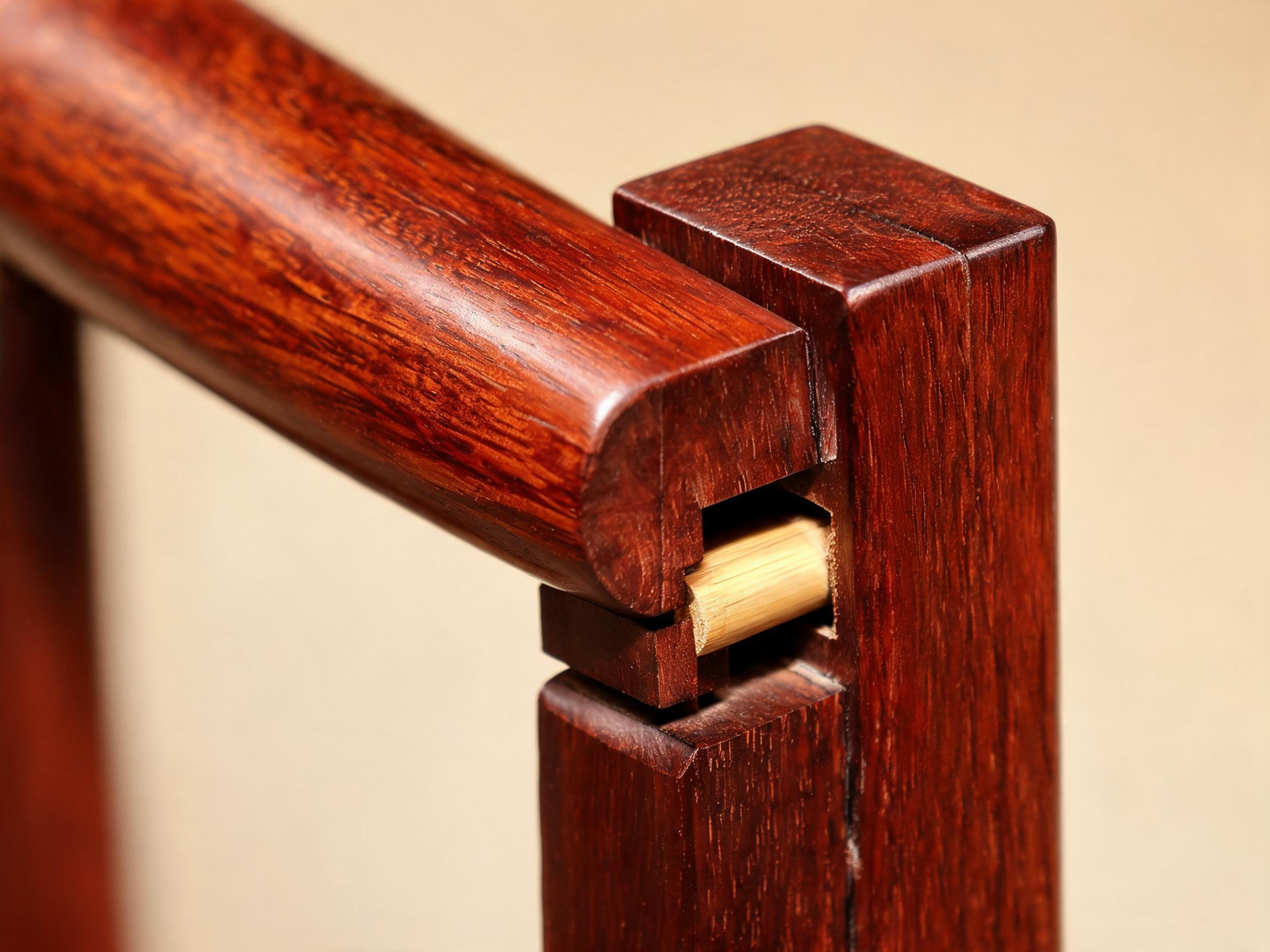 Mortise-and-tenon armrest joint with bamboo dowel pin on rosewood lounge chair