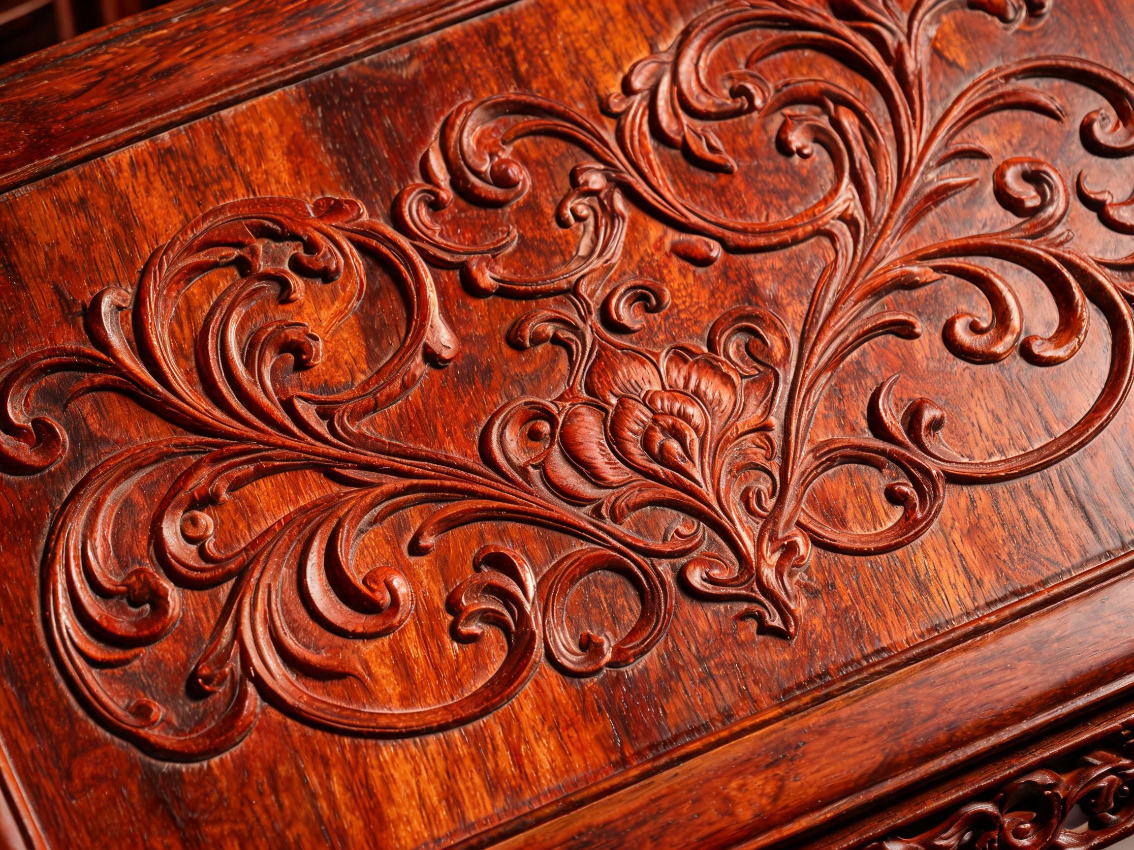 Hand-carved shallow-relief seat panel detail on the Siamese rosewood folding stool