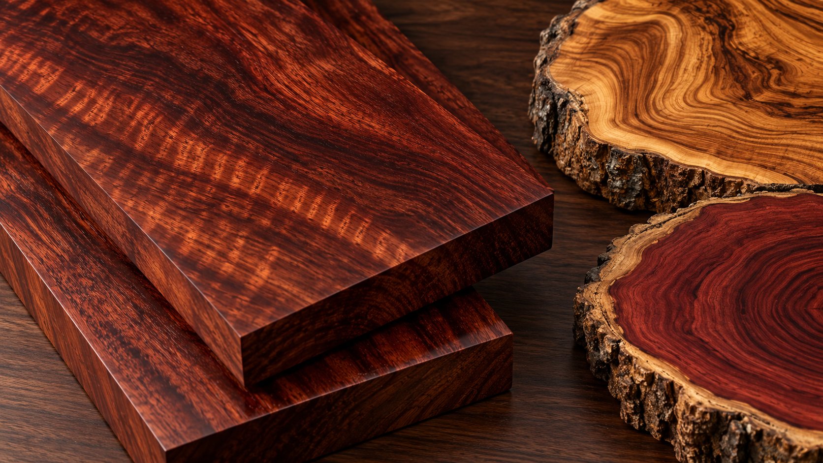 Mahogany wood grain planks and wood samples in warm reddish-brown tones