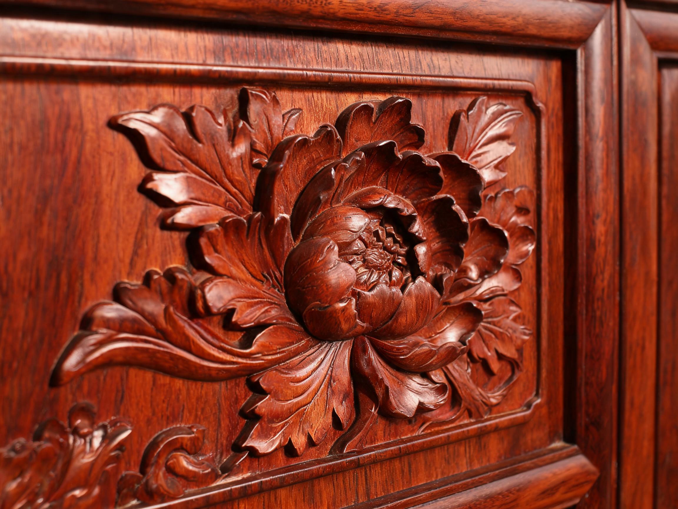 Hand-carved floral panel door detail on Siamese rosewood wardrobe