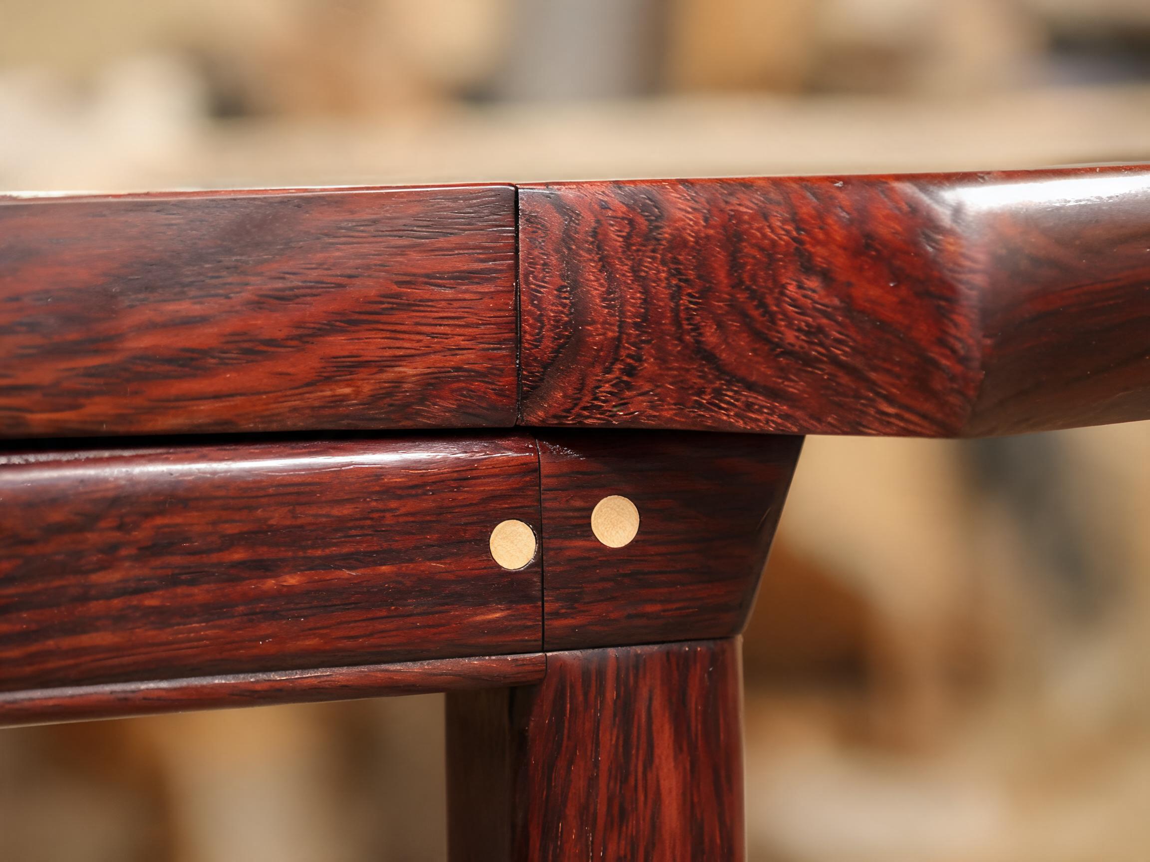 Edge-joined oval rosewood tabletop with matching grain and flush bamboo dowel pins at the apron joint