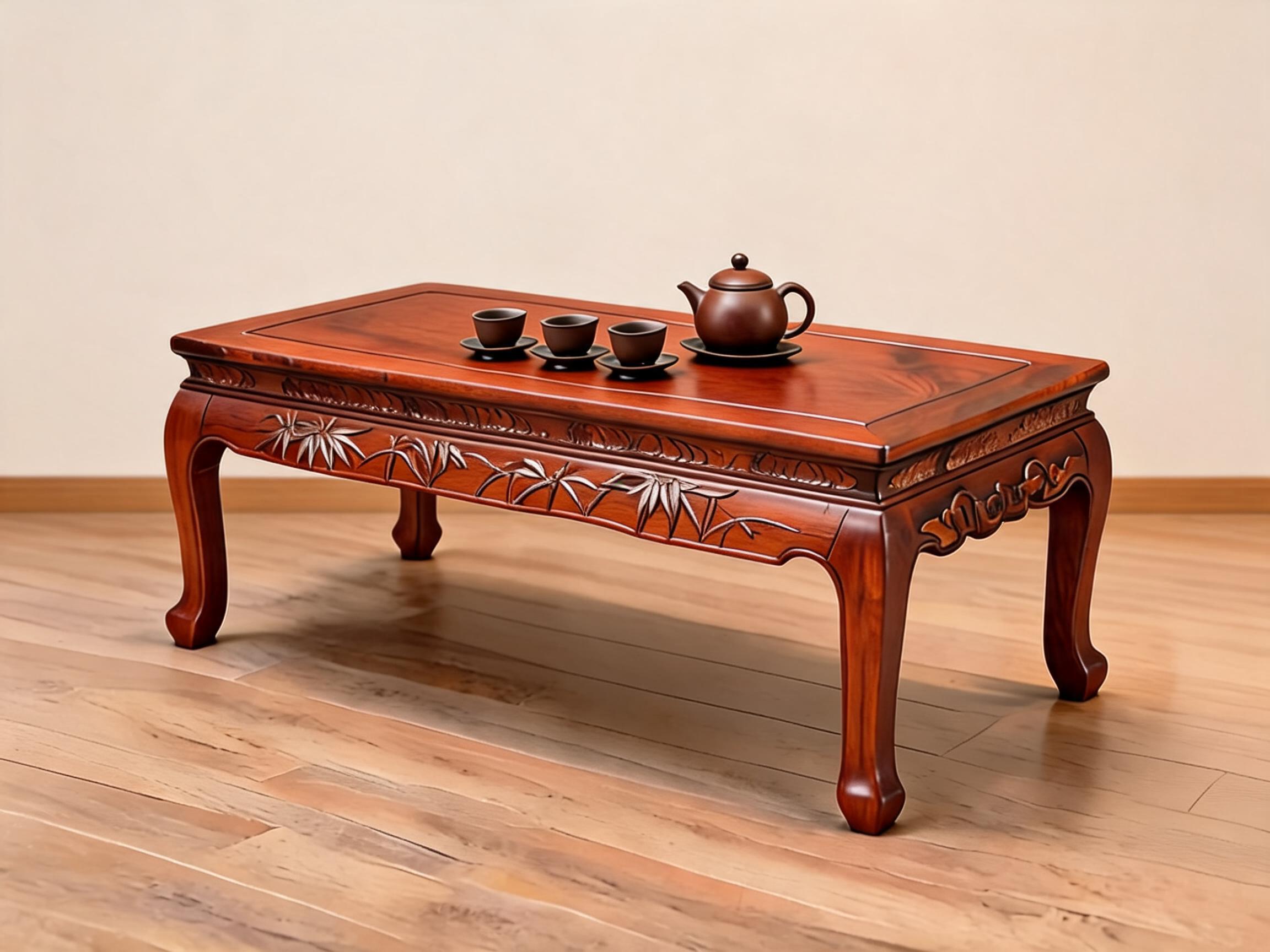 Classical Siamese Rosewood Tea Table with Bamboo Carved Apron bamboo carved tea table
