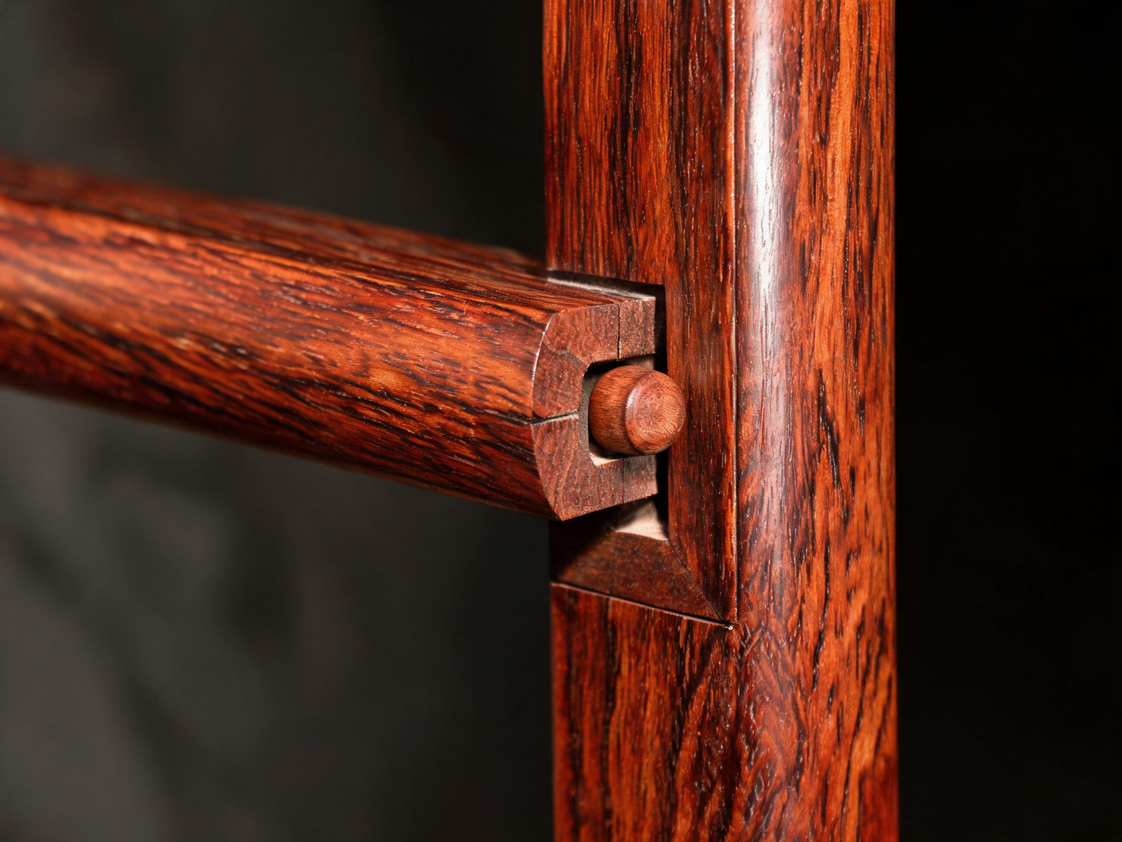 Close-up of the mortise-and-tenon corner joint between the four-poster bed's corner post and canopy rail, secured with a wooden dowel pin
