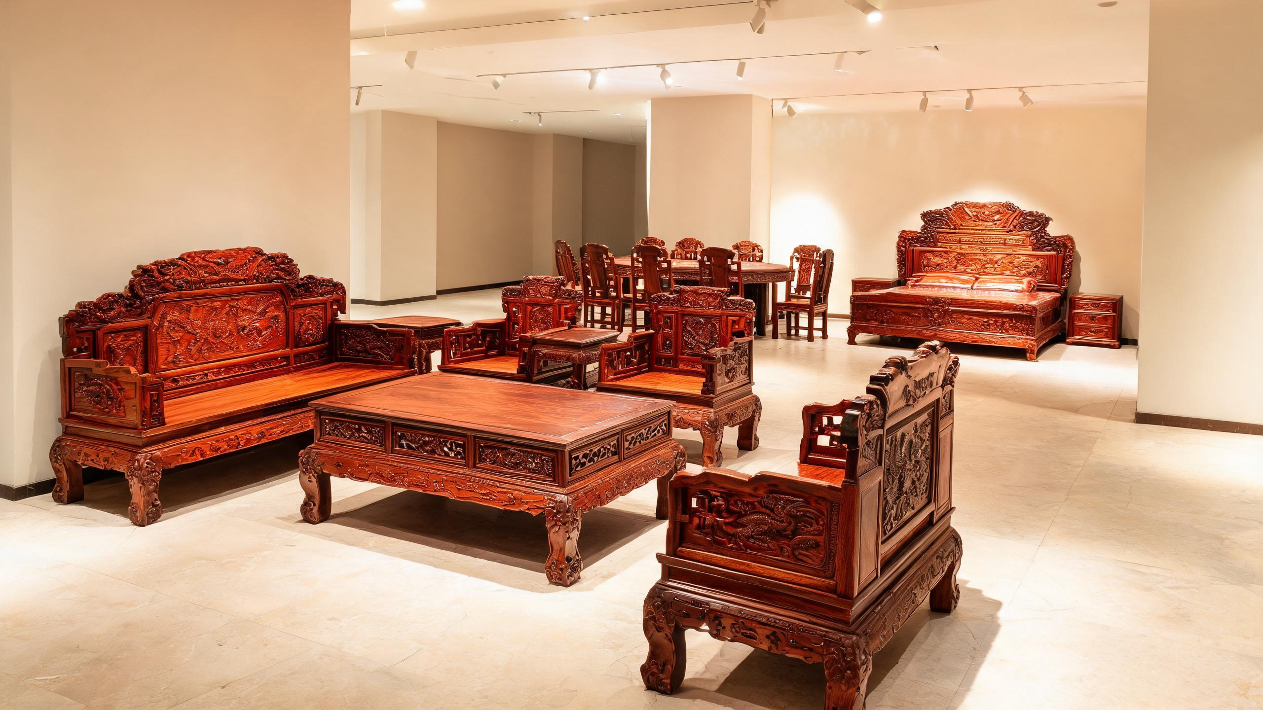 Hand-carved Siamese rosewood sofa set with dragon armrests and raw lacquer finish