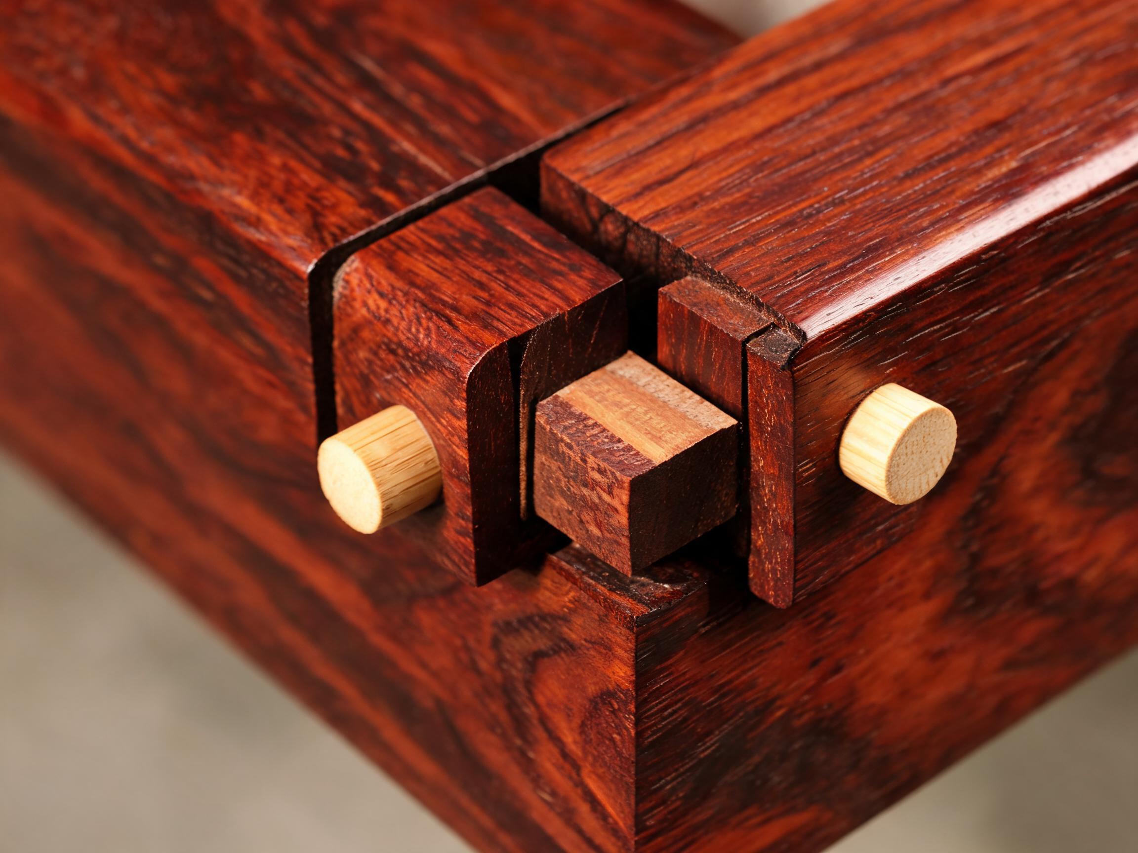 Mortise-and-tenon joint with bamboo dowel pins on a Siamese rosewood sofa frame