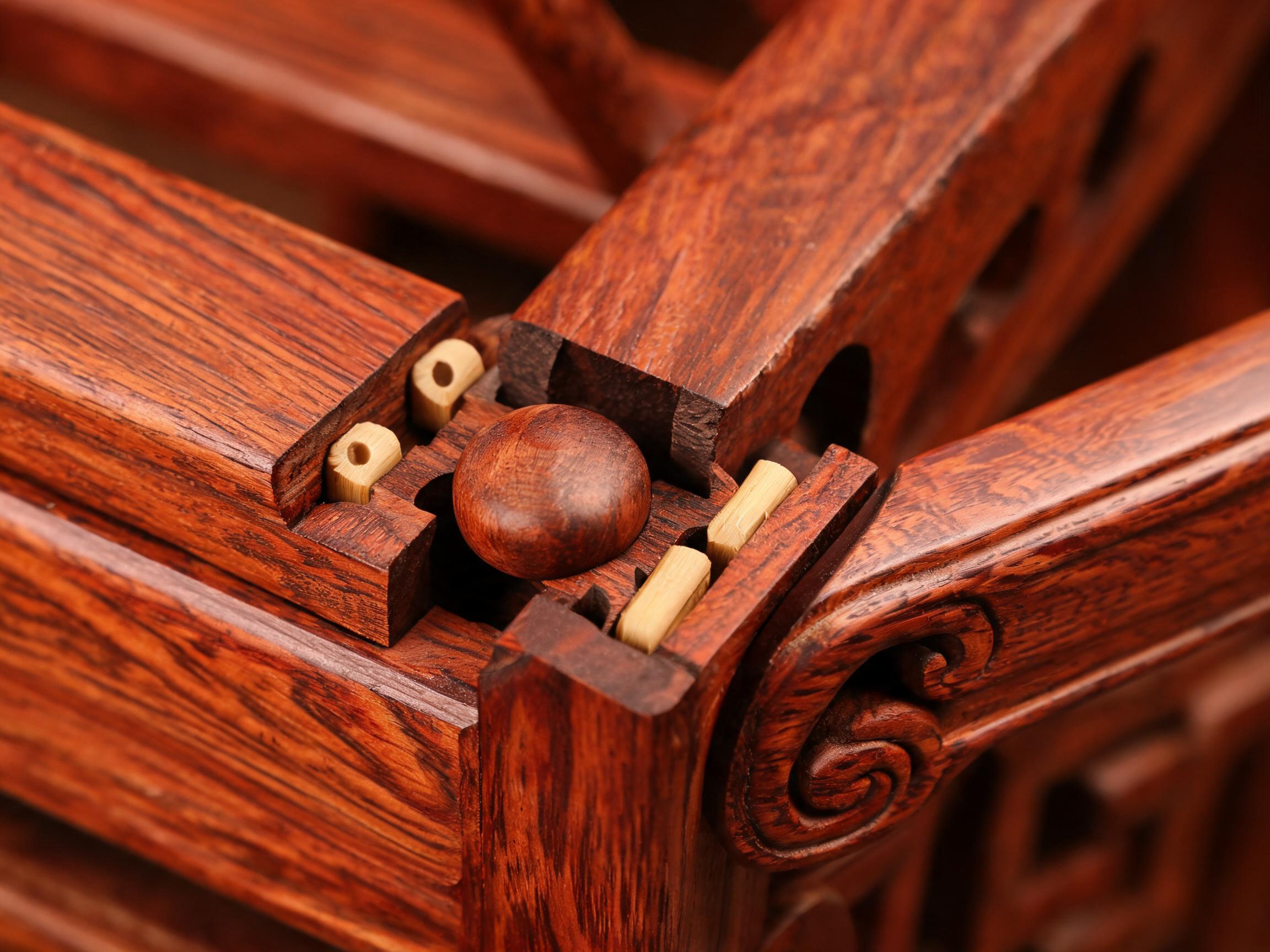Traditional mortise-and-tenon folding pivot joint reinforced with bamboo dowel pins on the folding stool