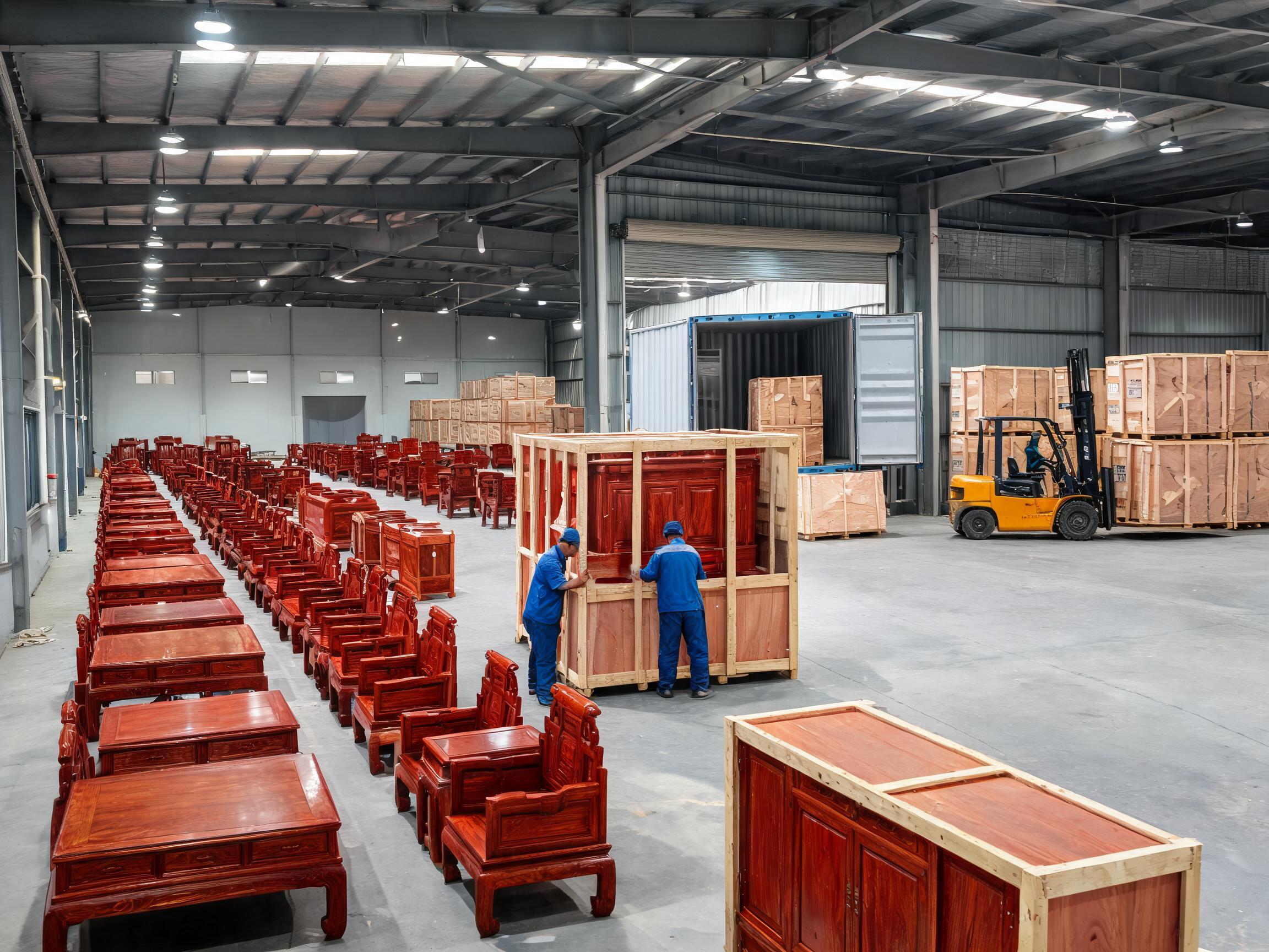 Finished redwood furniture packed in ISPM-15 heat-treated crates ready for ocean freight export
