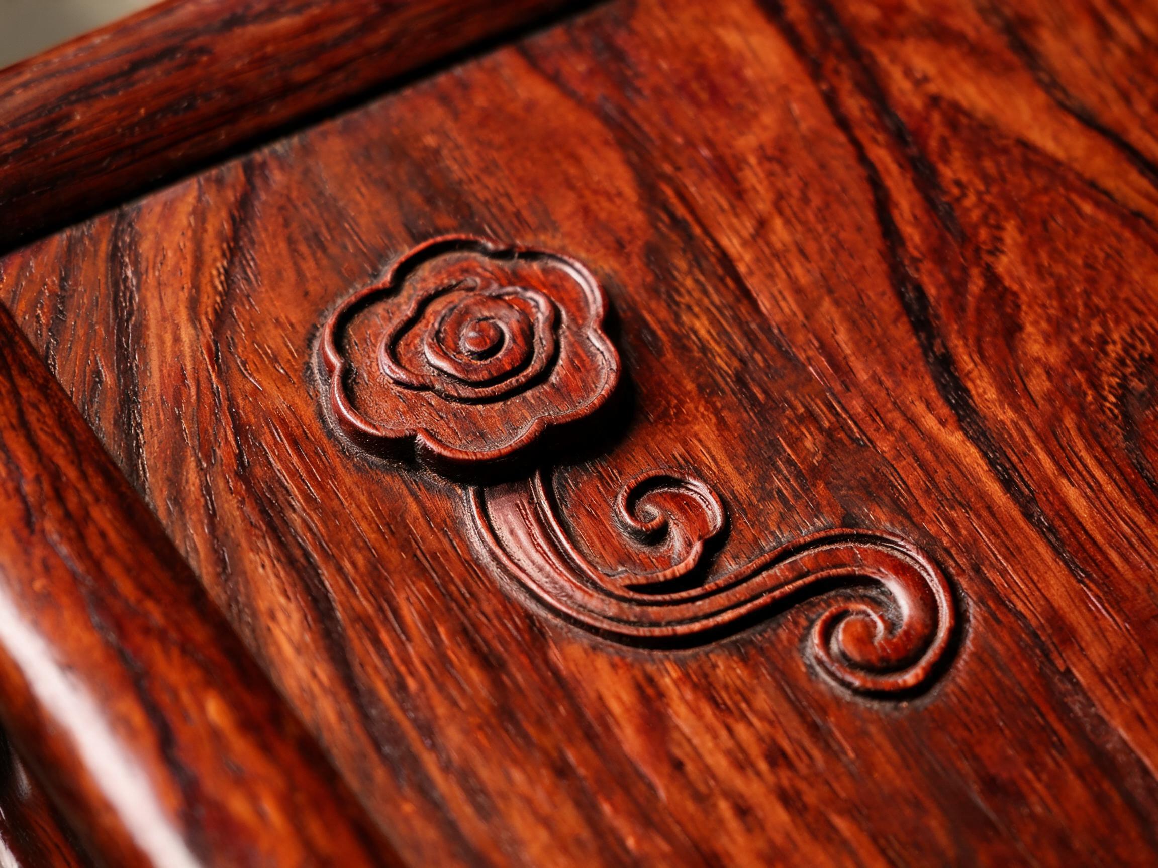 Hand-carved ruyi sceptre motif on the armrest panel of a Siamese rosewood sofa