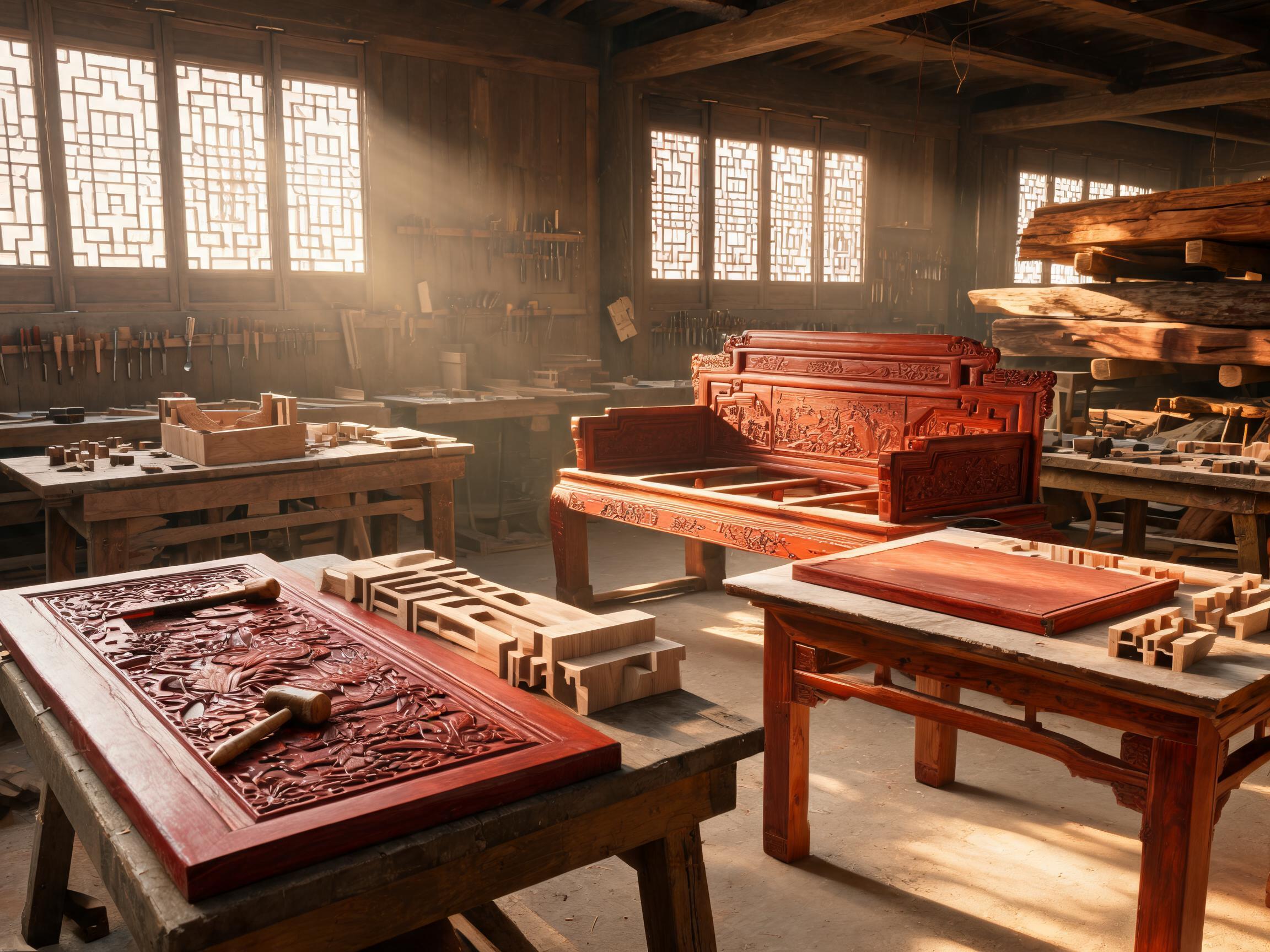Traditional Chinese woodworking workshop with carved rosewood furniture components and hand tools