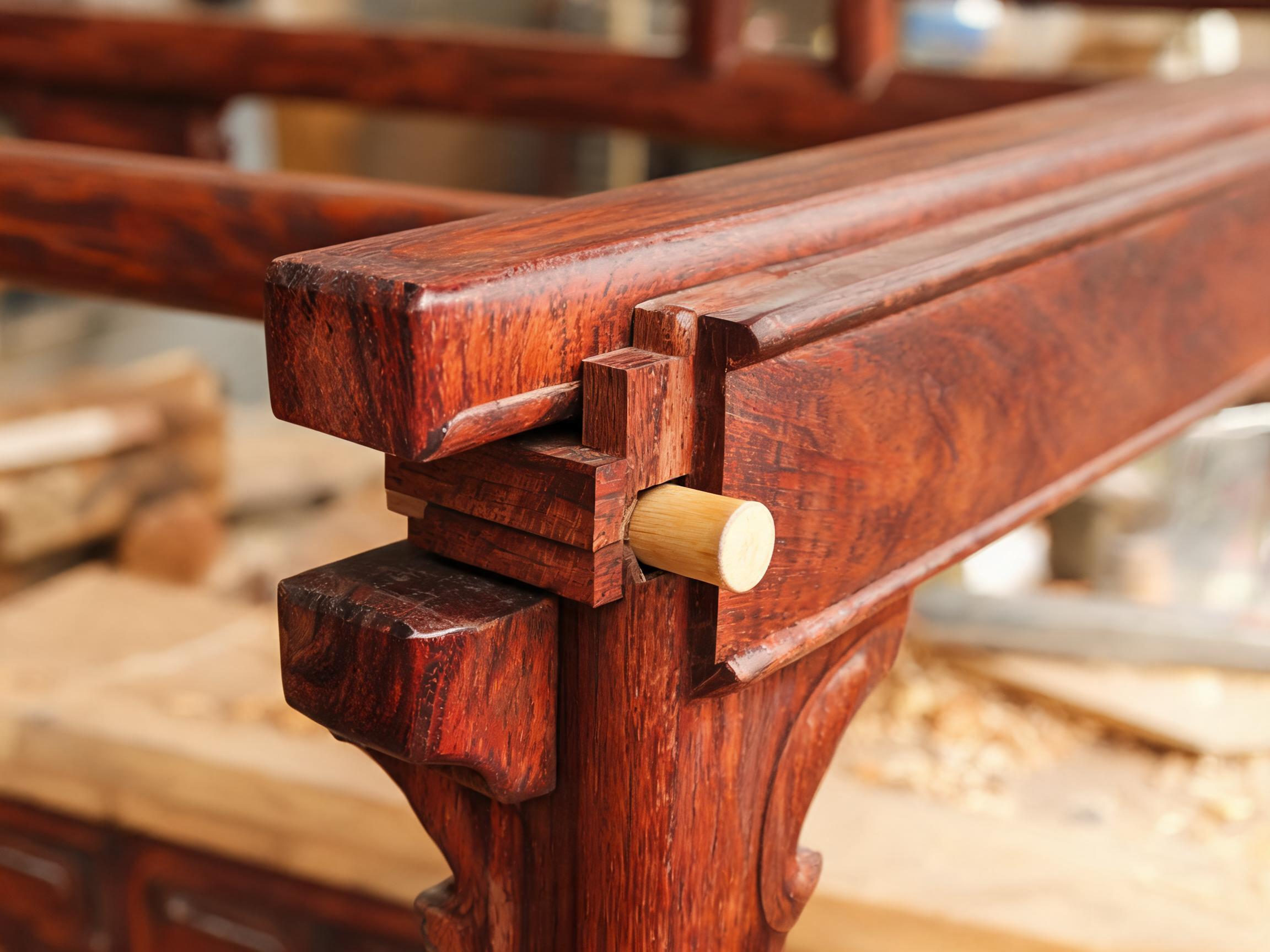 Mortise-and-tenon frame corner of the Qing style rosewood sofa with bamboo dowel pin and solid wood corner block, zero metal fasteners