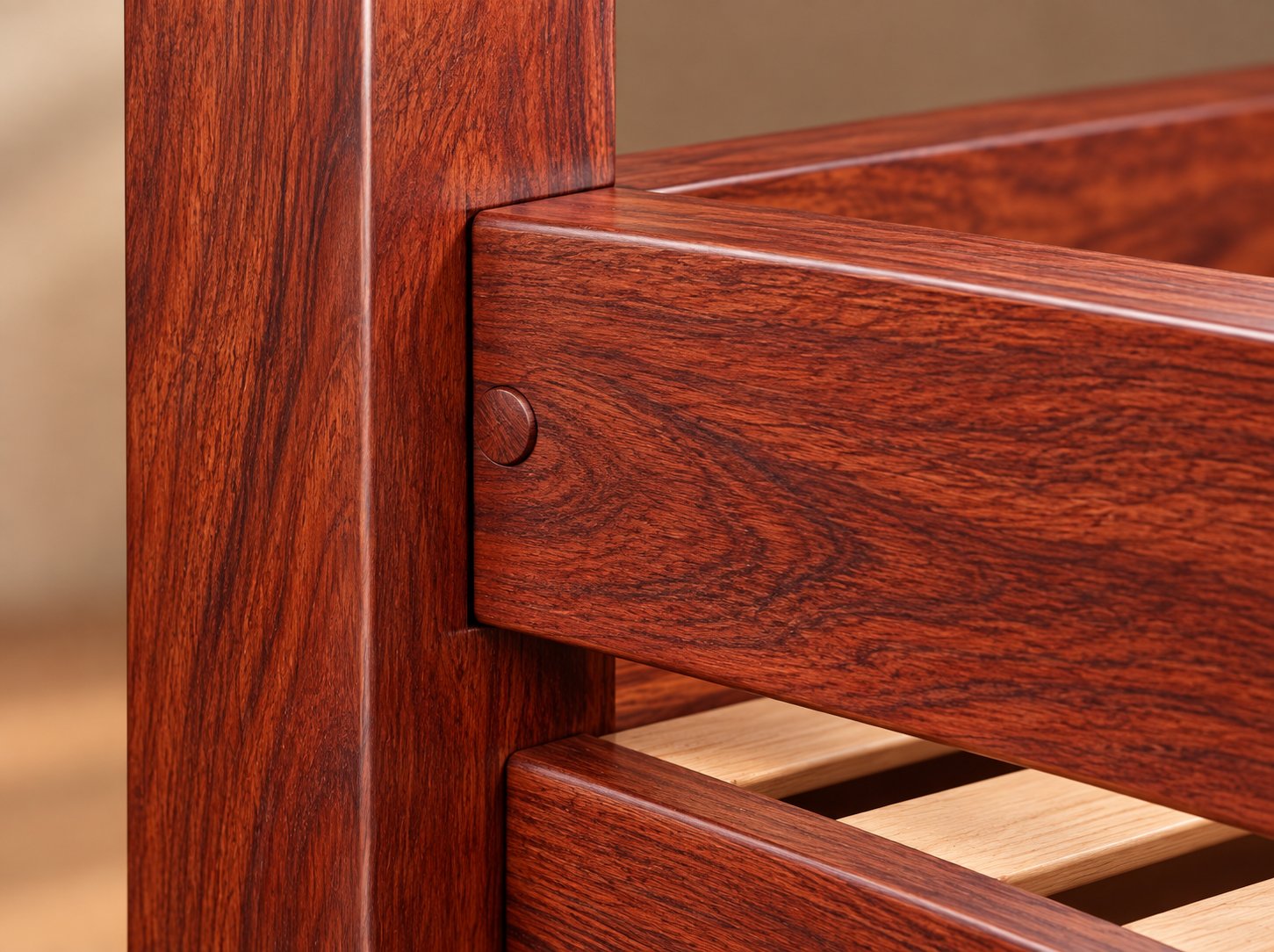 Solid rosewood bed post and side rail joined with a mortise-and-tenon connection secured by a wooden dowel, with the recessed slat base edge visible below