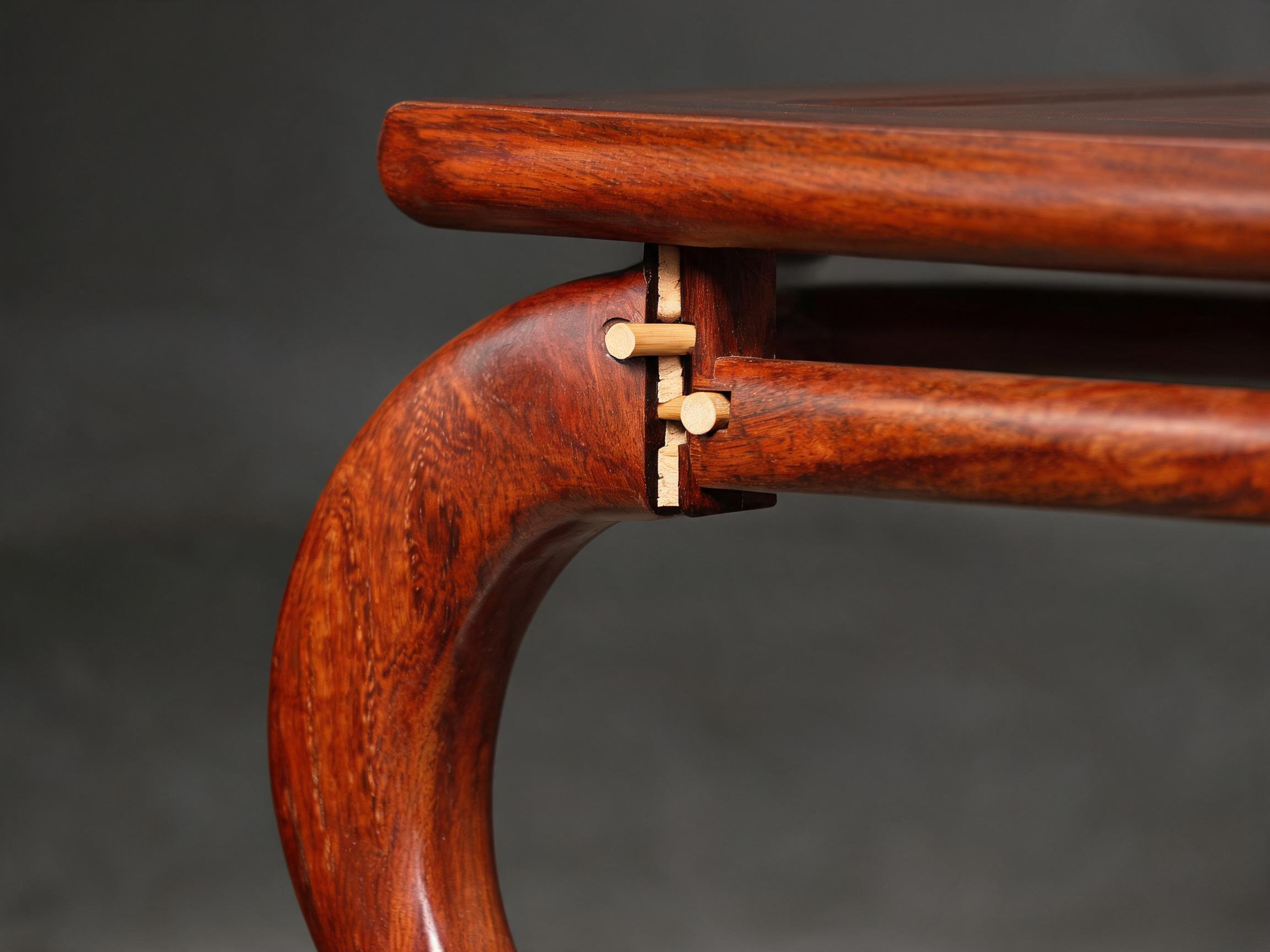 Cabriole-style curved leg joined to the apron with a 16 mm mortise-and-tenon joint reinforced by bamboo dowel pins