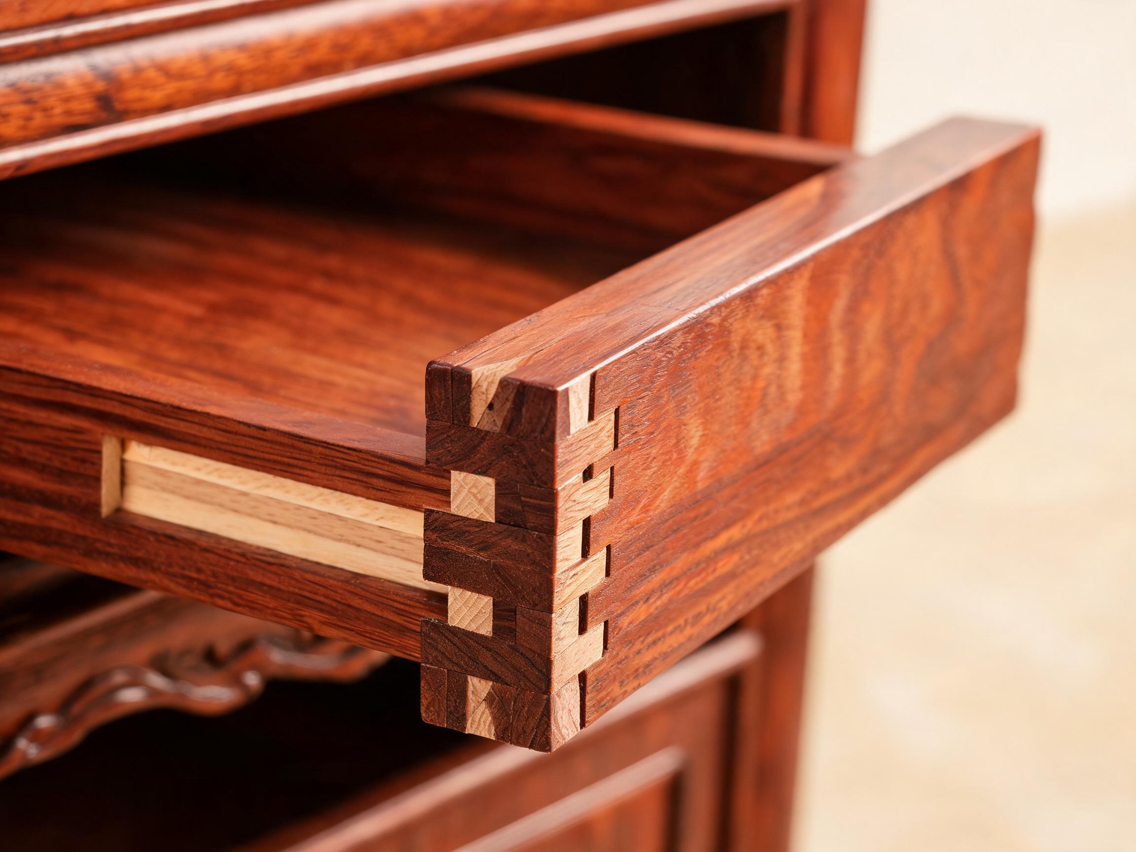 Hand-cut through-dovetail drawer corner detail with interlocking pins and tails on wooden runners