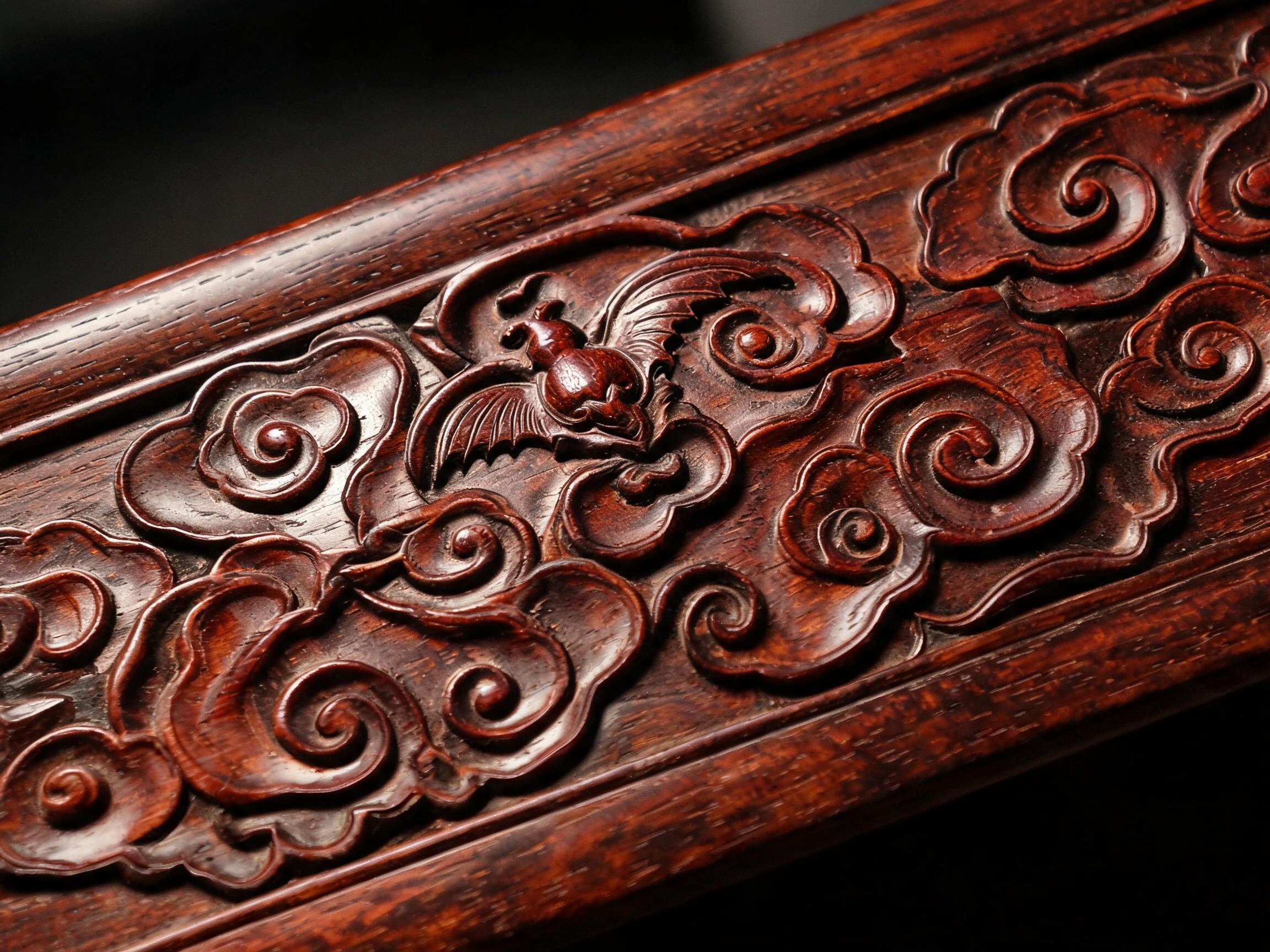 Hand-carved cloud-and-bat backrest panel in solid Siamese rosewood