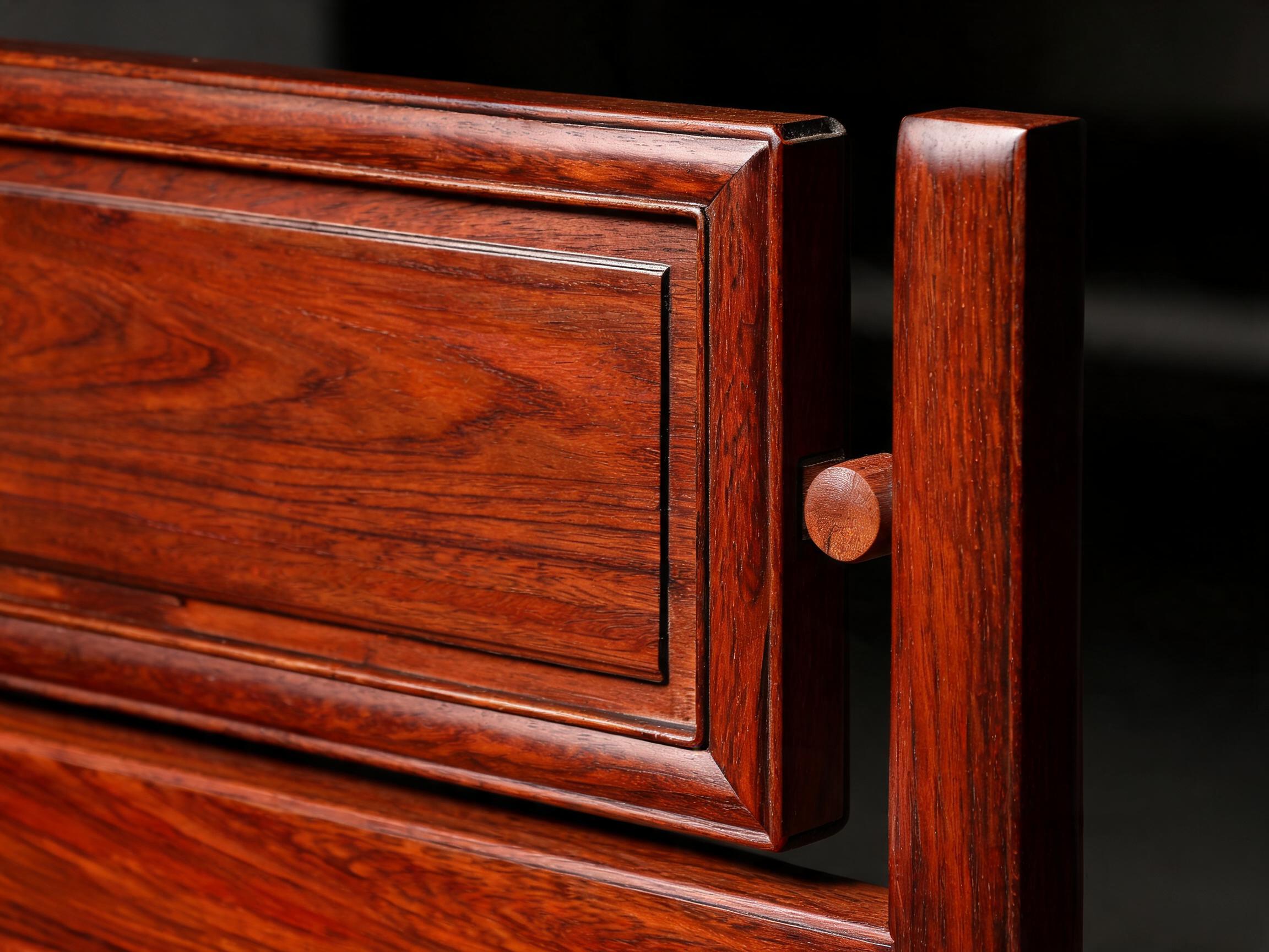 Close-up of the low headboard panel set into a grooved mortise-and-tenon frame with a visible wooden dowel at the post-to-rail connection