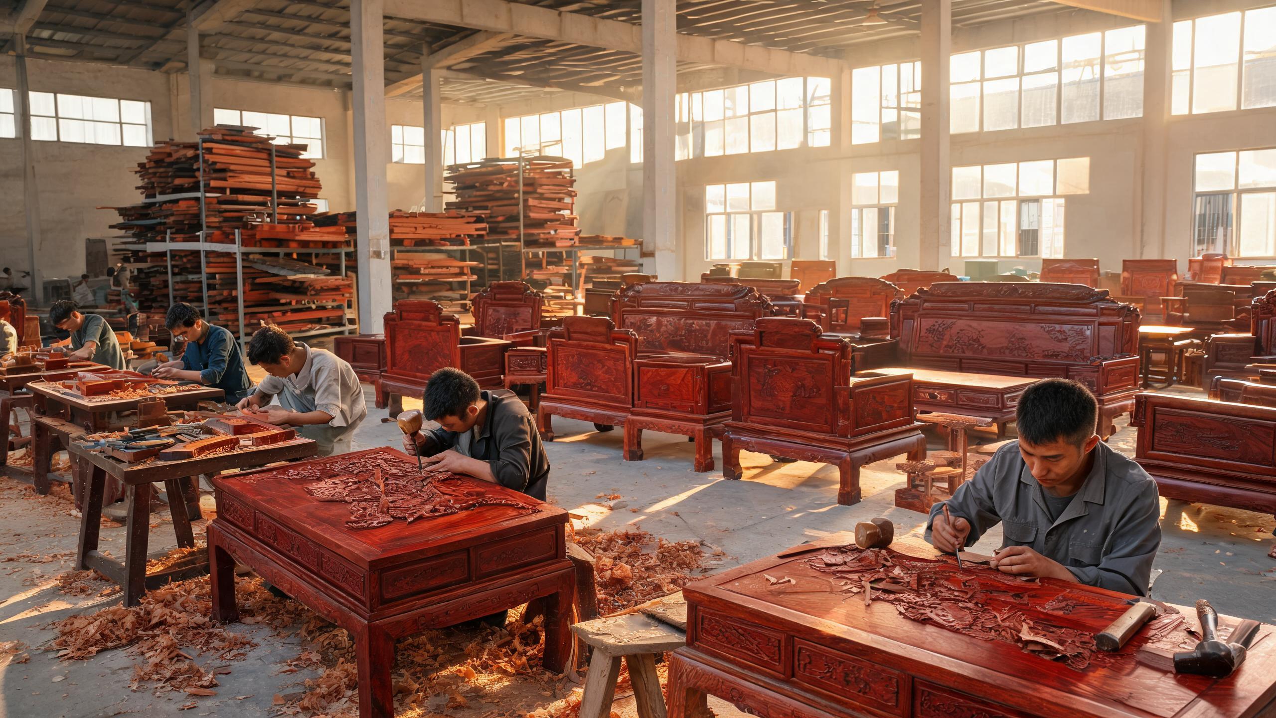 Yunxiao rosewood factory workshop in Xianyou with craftsmen hand-carving solid rosewood tea table and redwood furniture