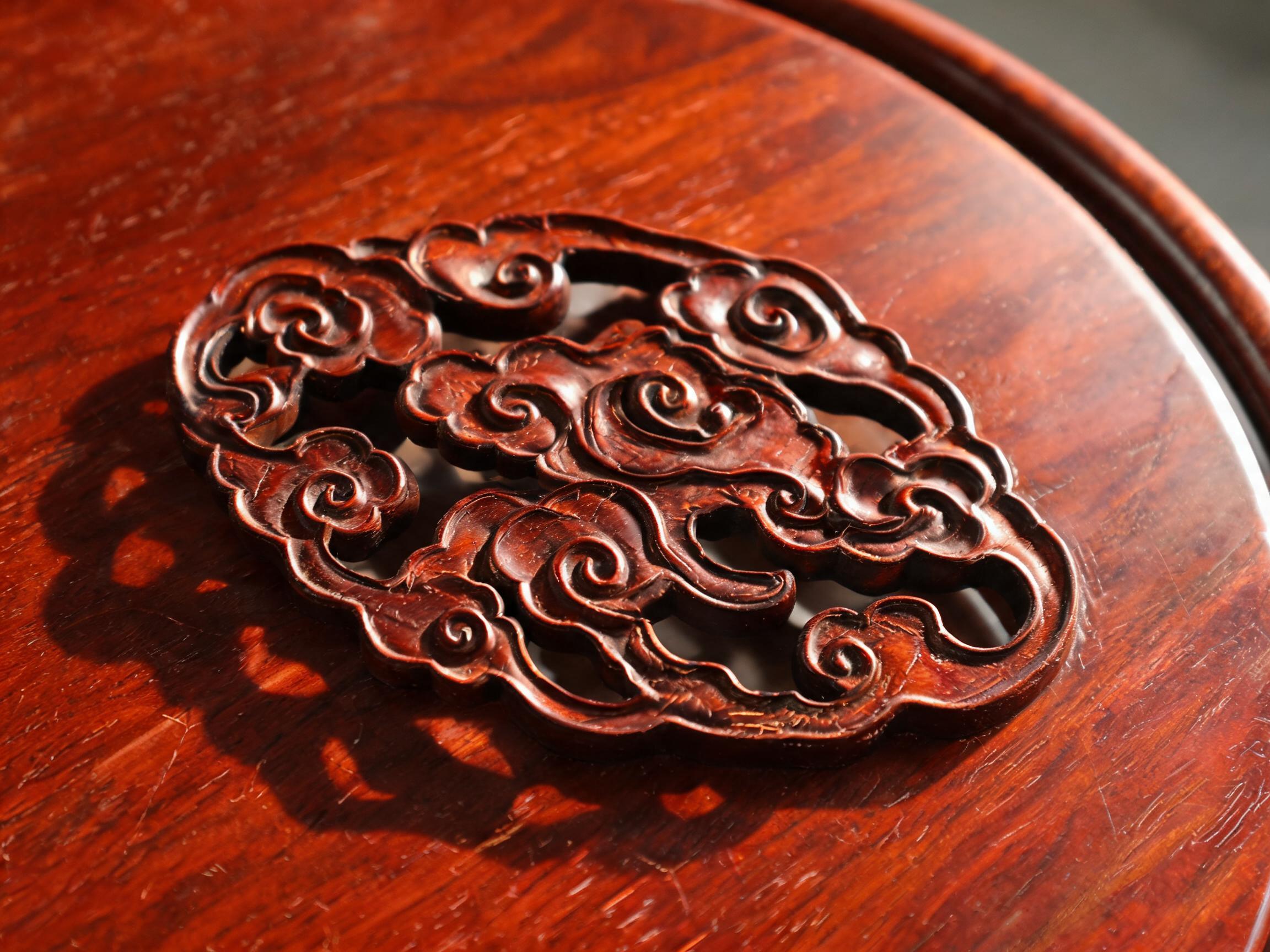 Hand-carved openwork cloud motif apron detail on Siamese rosewood round tea table