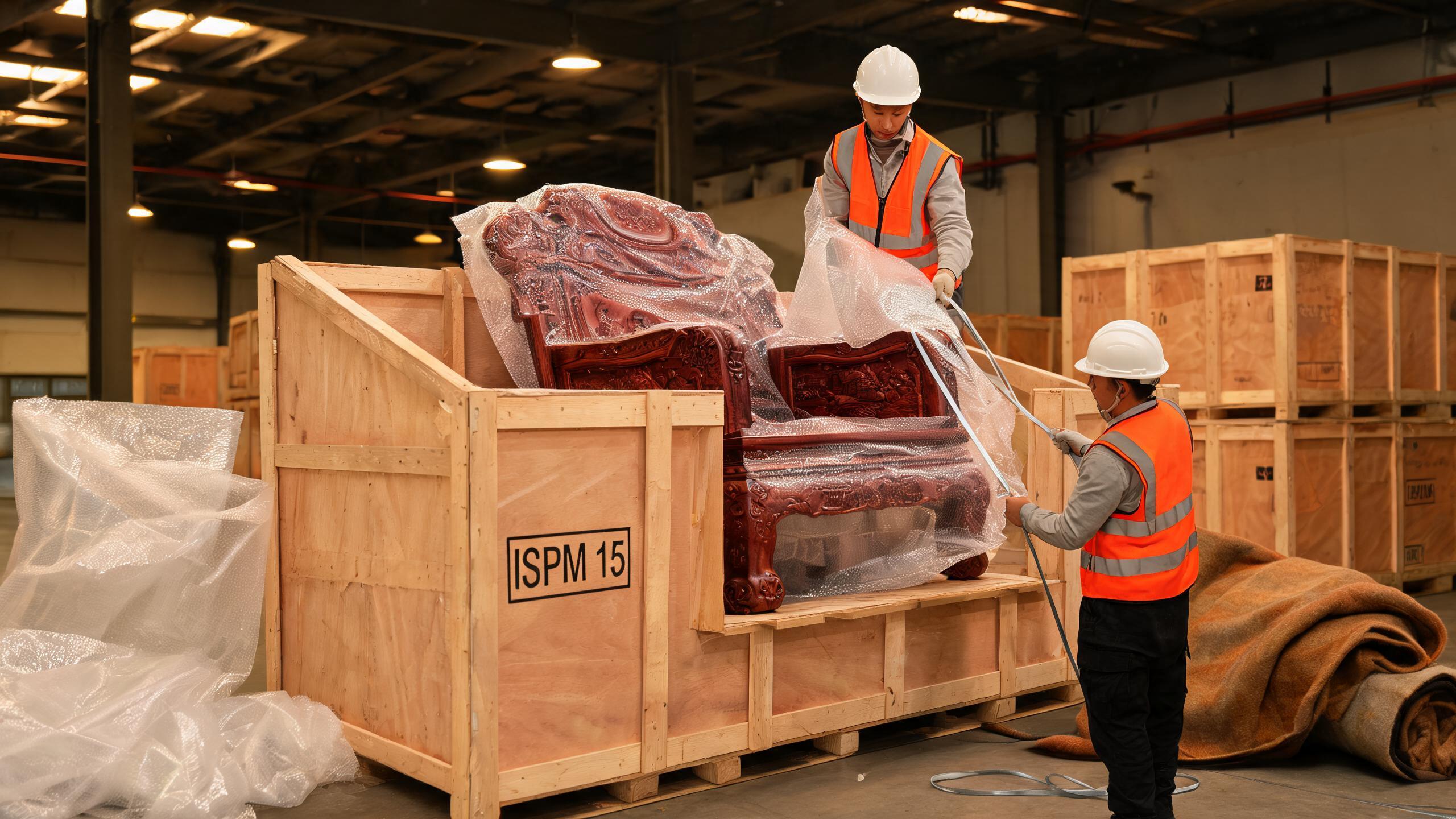 ISPM-15 heat-treated export crates with EPS foam protection for ocean freight shipping of rosewood dining sets