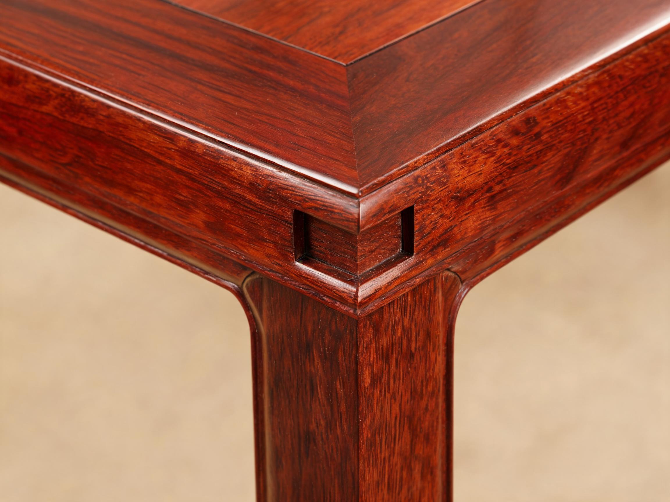 Mirror-gloss lacquer tabletop surface meeting a square leg with mortise-and-tenon apron joint