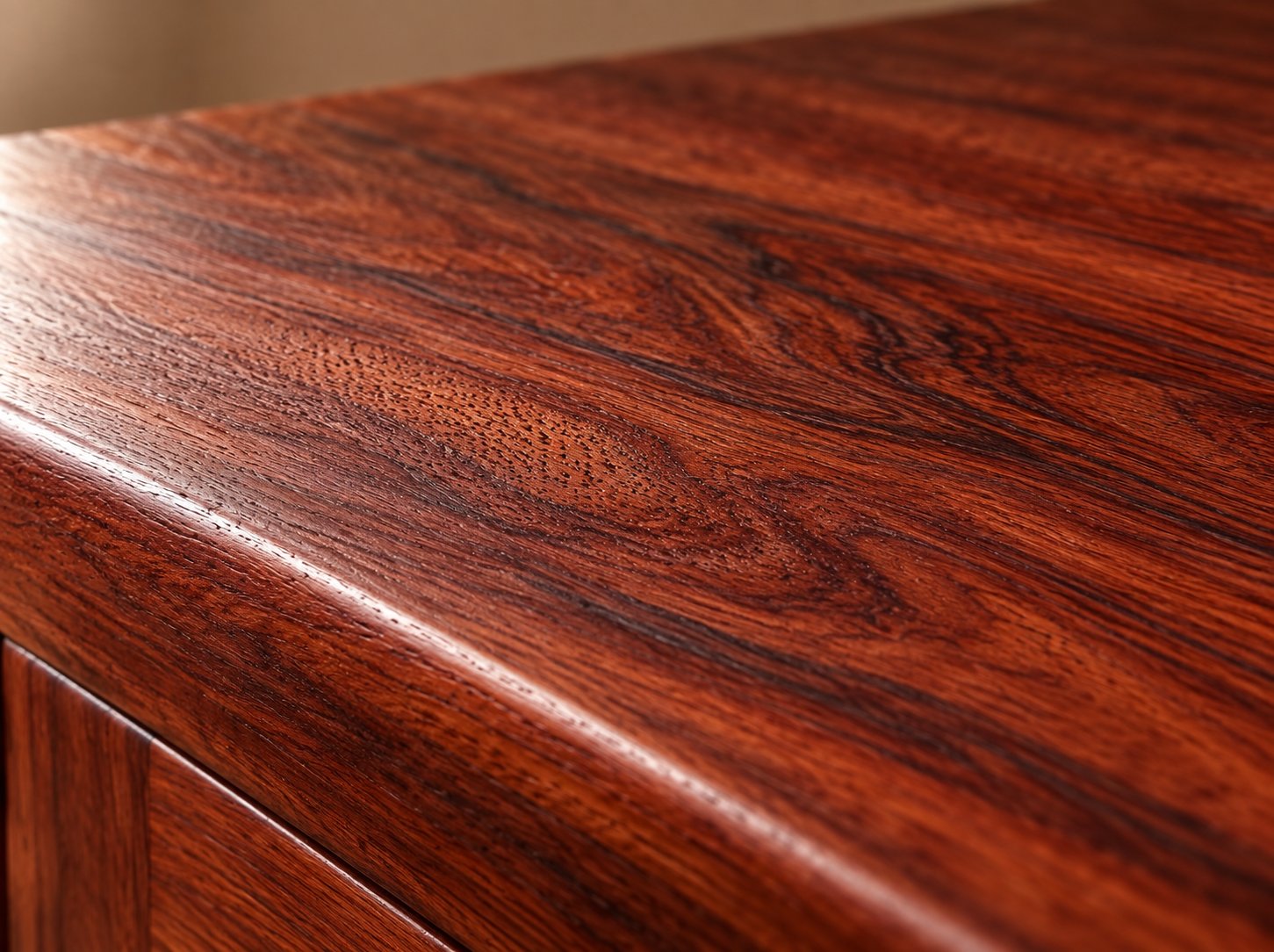 Close-up of solid Siamese rosewood surface showing natural grain and pores under a hand-rubbed satin raw lacquer finish
