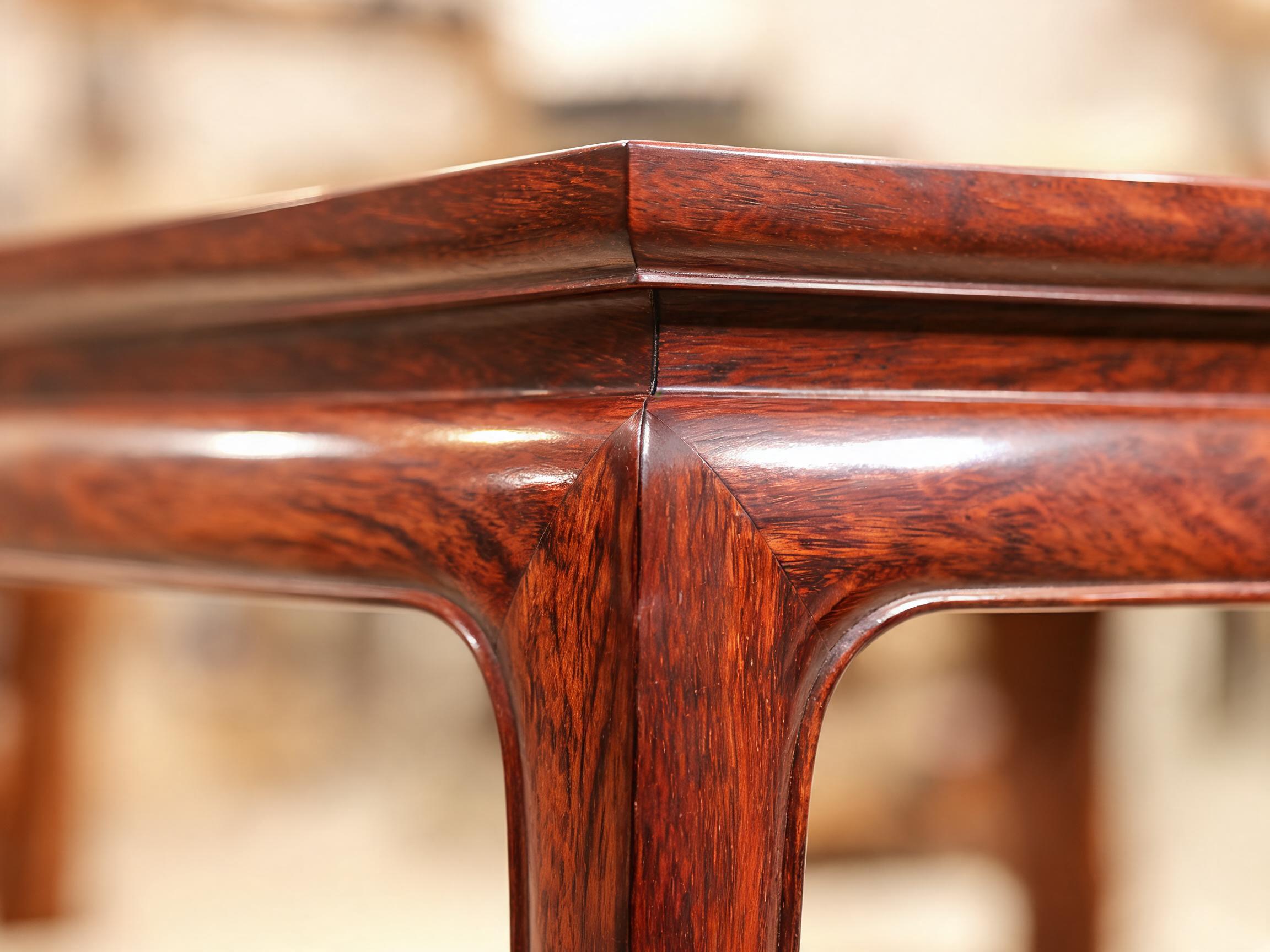 Rosewood table leg and apron corner with crisp mortise-and-tenon joint line and mirror-gloss lacquer