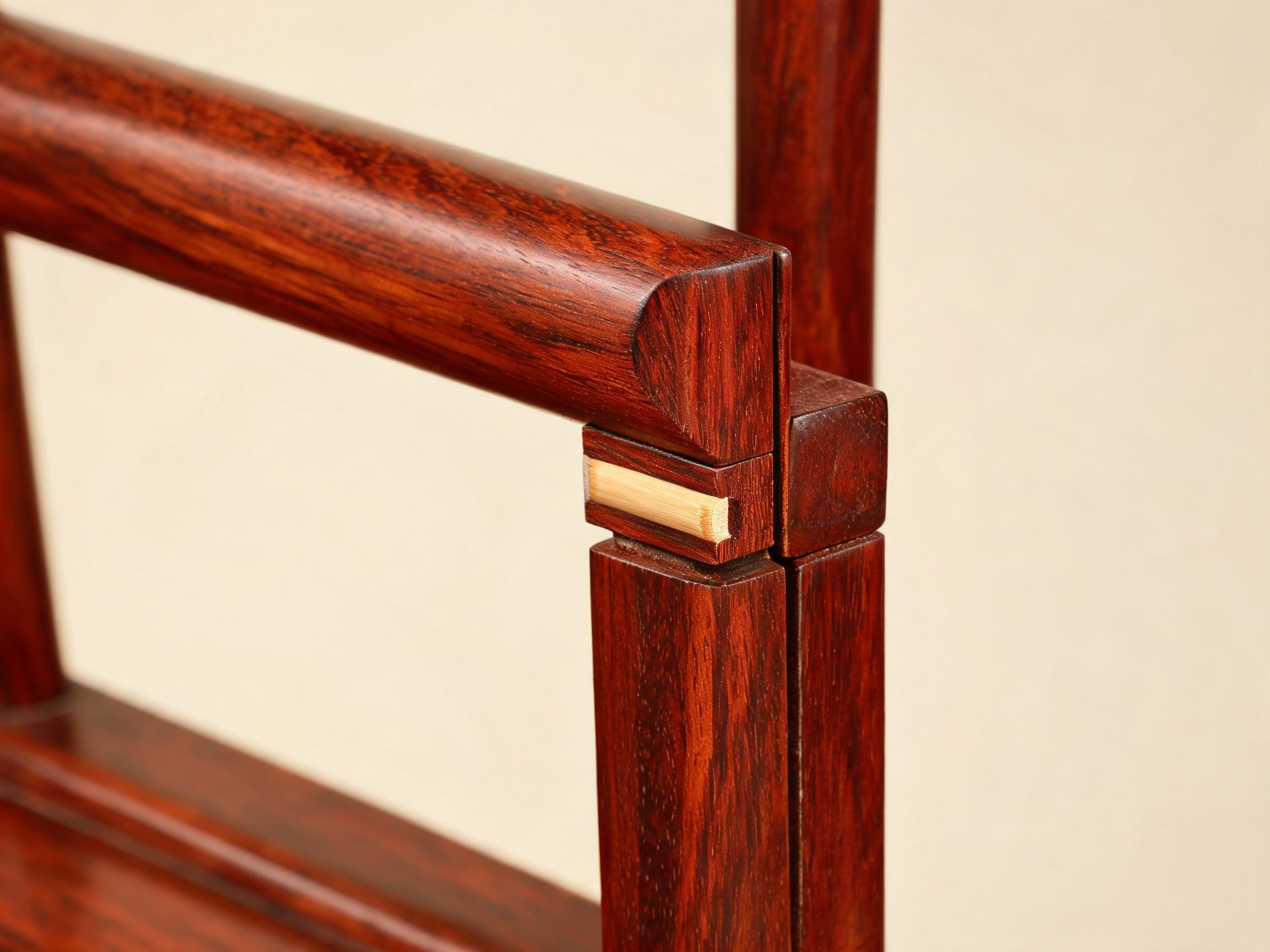 Mortise-and-tenon armrest joint reinforced with a flush-fitted bamboo dowel pin, no metal fasteners