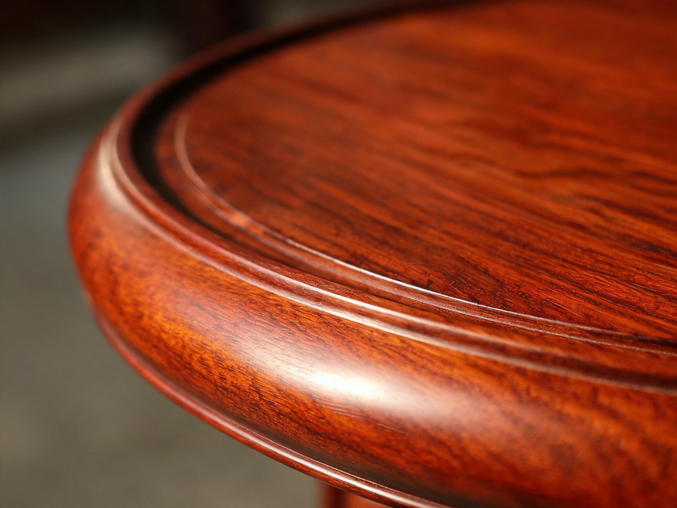 Floating tabletop edge and six-coat raw lacquer surface detail on Siamese rosewood round tea table