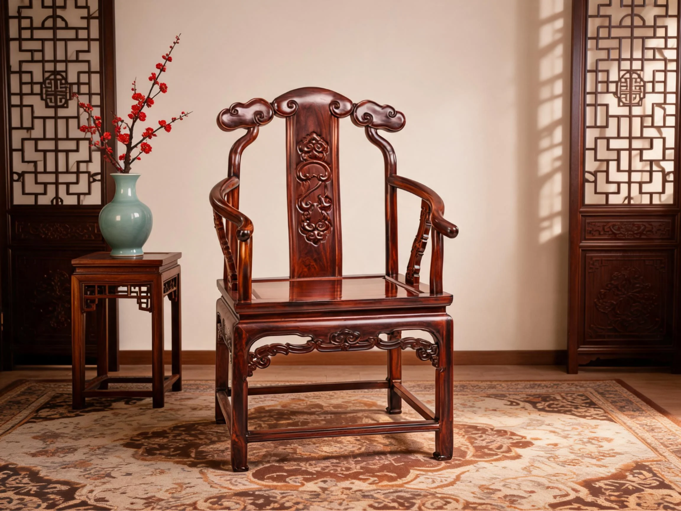 Classical Siamese Rosewood Armchair with Carved Ruyi Backrest rosewood armchair